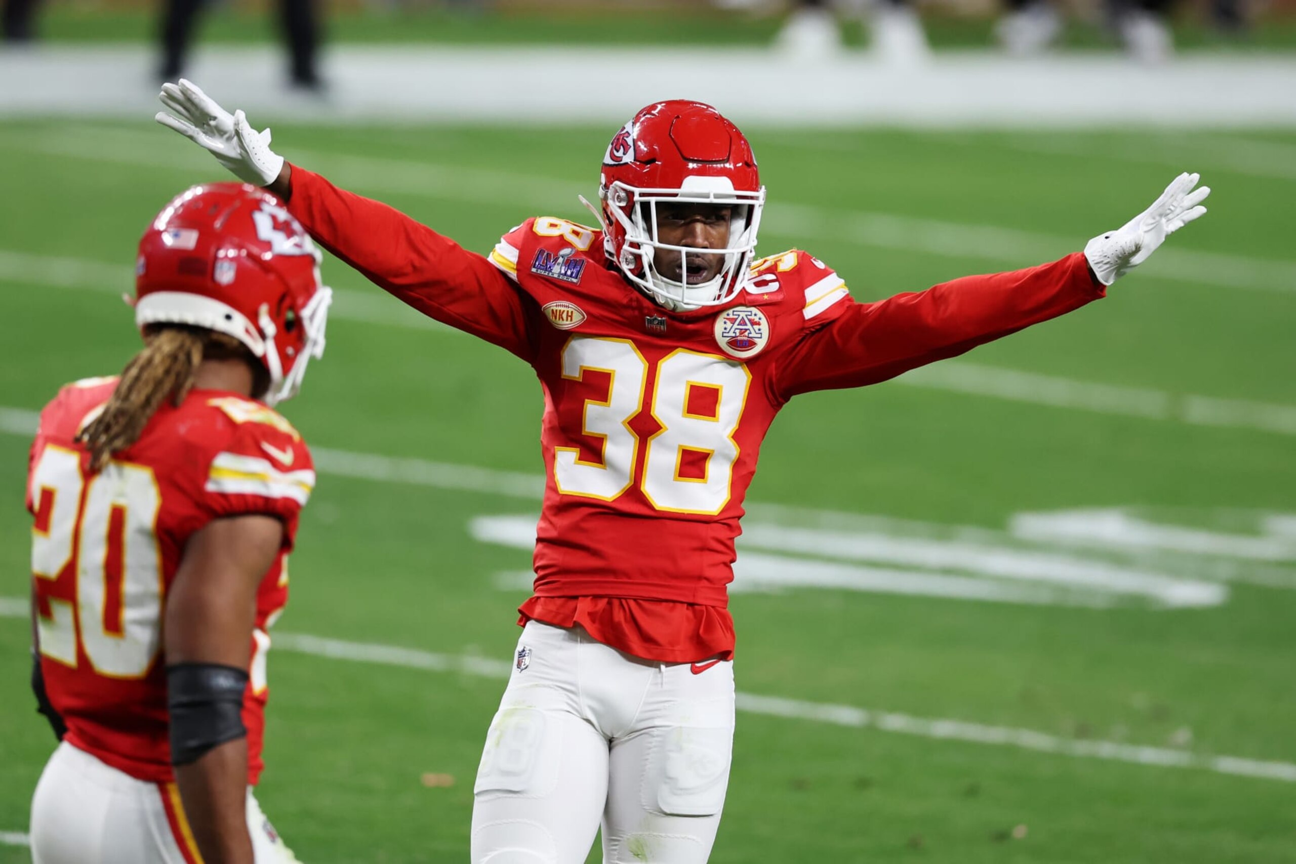 LAS VEGAS, NEVADA - FEBRUARY 11: L'Jarius Sneed #38 of the Kansas City Chiefs reacts after a play during the second quarter against the San Francisco 49ers during Super Bowl LVIII at Allegiant Stadium on February 11, 2024 in Las Vegas, Nevada. (Photo by Steph Chambers/Getty Images)