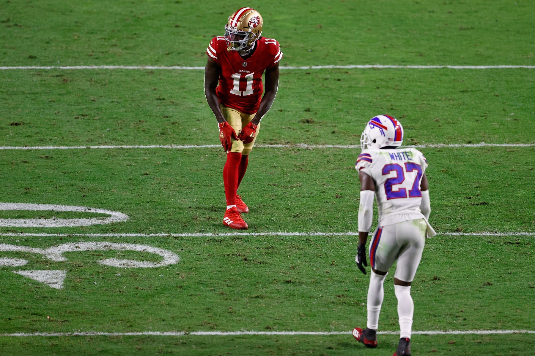 GLENDALE, ARIZONA - DECEMBER 07: Wide receiver Brandon Aiyuk #11 of the San Francisco 49ers lines up against against cornerback Tre'Davious White #27 of the Buffalo Bills during the NFL game at State Farm Stadium on December 07, 2020 in Glendale, Arizona.  The Bills defeated the 49ers 34-24. (Photo by Christian Petersen/Getty Images)