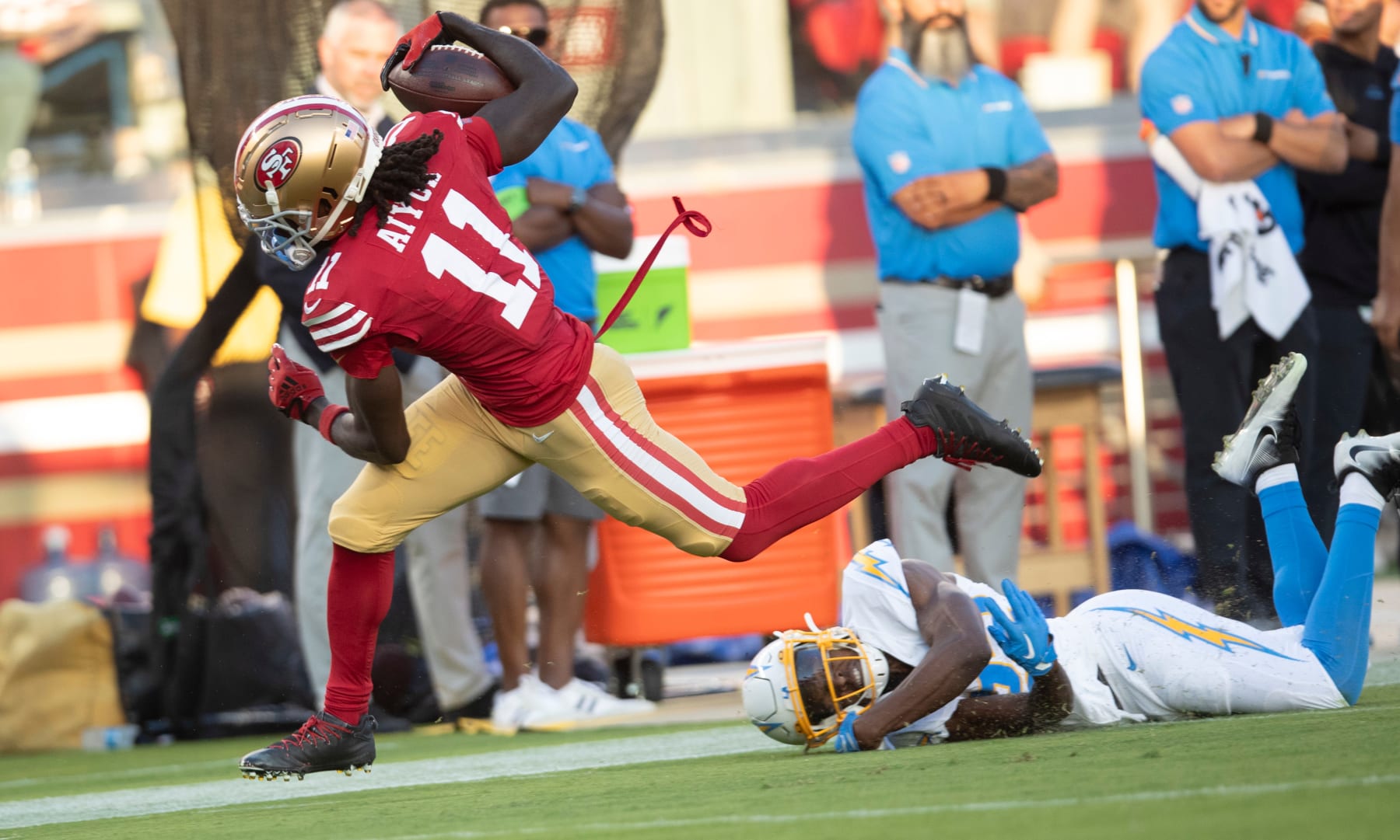 SANTA CLARA, CA - AUGUST 25: Brandon Aiyuk #11 of the San Francisco 49ers runs after making a catch during the game against the Los Angeles Chargers at Levi's Stadium on August 25, 2023 in Santa Clara, California. The Chargers defeated the 49ers 23-12. (Photo by Michael Zagaris/San Francisco 49ers/Getty Images)