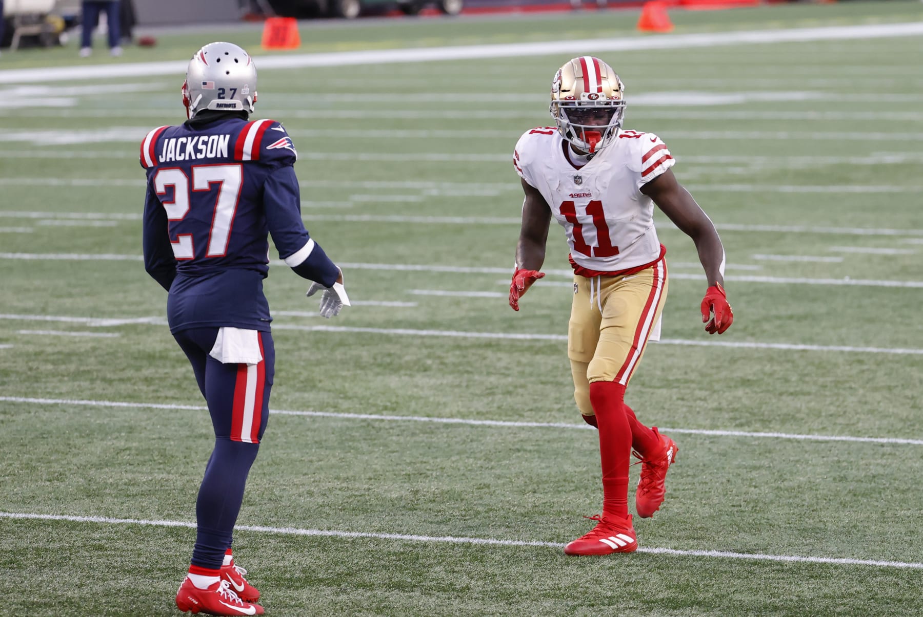 FOXBOROUGH, MA - OCTOBER 25: San Francisco 49ers wide receiver Brandon Aiyuk (11) lines up on New England Patriots defensive back J.C. Jackson (27) during a game between the New England Patriots and the San Francisco 49ers on October 25, 2020, at Gillette Stadium in Foxborough, Massachusetts. (Photo by Fred Kfoury III/Icon Sportswire via Getty Images)