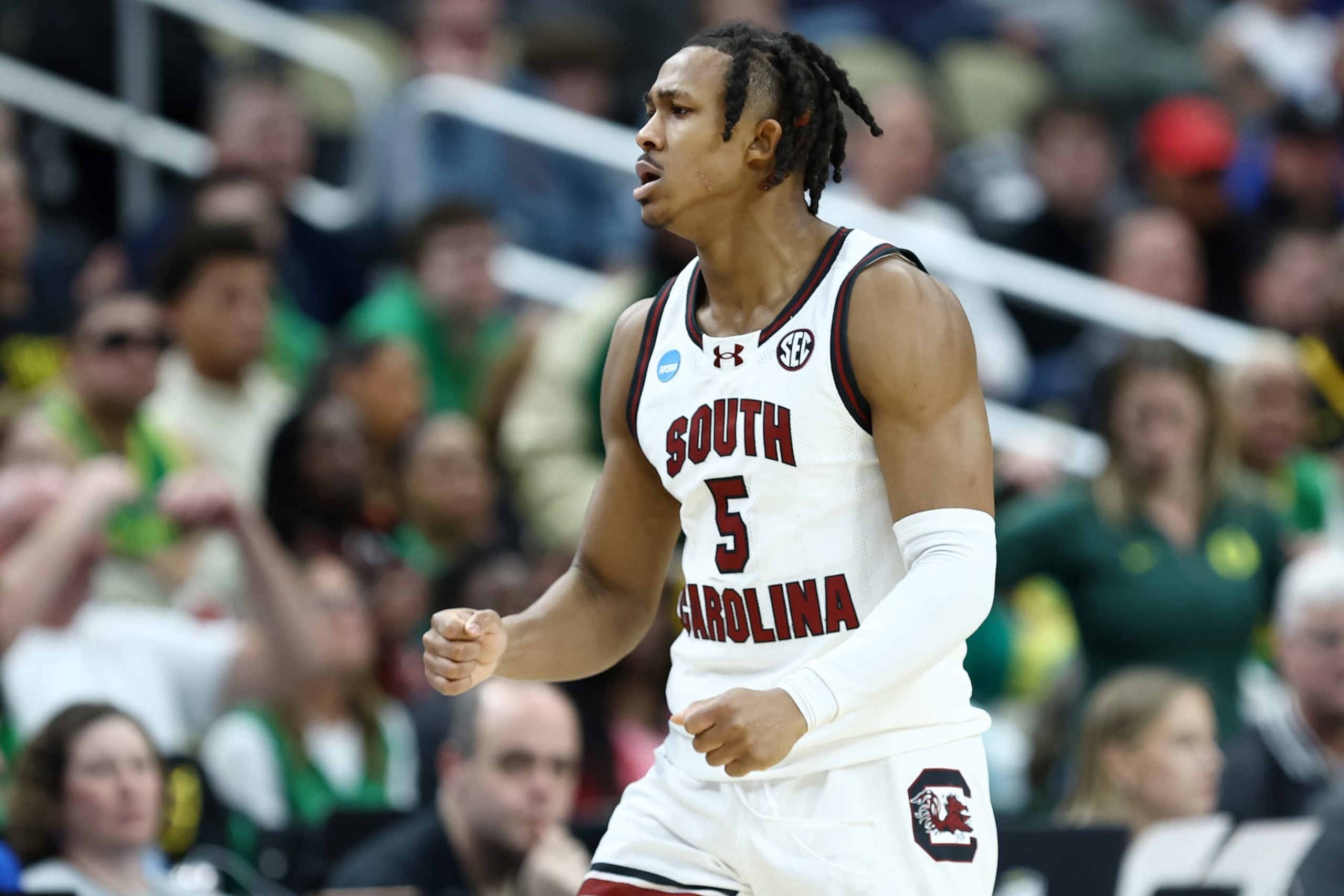 PITTSBURGH, PENNSYLVANIA - MARCH 21: Meechie Johnson #5 of the South Carolina Gamecocks reacts in the second half against the Oregon Ducks in the first round of the NCAA Men's Basketball Tournament at PPG PAINTS Arena on March 21, 2024 in Pittsburgh, Pennsylvania. (Photo by Tim Nwachukwu/Getty Images) PITTSBURGH, PENNSYLVANIA - MARCH 21: Meechie Johnson #5 of the South Carolina Gamecocks reacts in the second half against the Oregon Ducks in the first round of the NCAA Men's Basketball Tournament at PPG PAINTS Arena on March 21, 2024 in Pittsburgh, Pennsylvania. (Photo by Tim Nwachukwu/Getty Images)