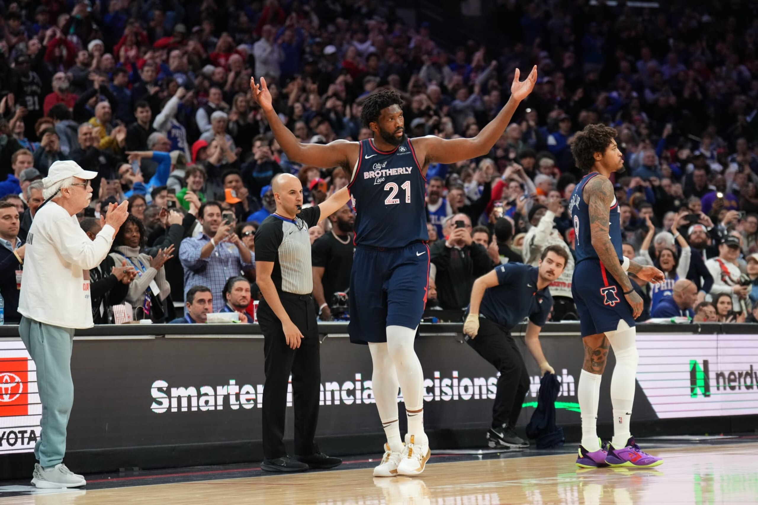 PHILADELPHIA, PA - JANUARY 22: Joel Embiid #21 of the Philadelphia 76ers celebrates during the game after setting a new franchise record with 70 points against the San Antonio Spurs on January 22, 2024 at the Wells Fargo Center in Philadelphia, Pennsylvania NOTE TO USER: User expressly acknowledges and agrees that, by downloading and/or using this Photograph, user is consenting to the terms and conditions of the Getty Images License Agreement. Mandatory Copyright Notice: Copyright 2024 NBAE (Photo by Jesse D. Garrabrant/NBAE via Getty Images) PHILADELPHIA, PA - JANUARY 22: Joel Embiid #21 of the Philadelphia 76ers celebrates during the game after setting a new franchise record with 70 points against the San Antonio Spurs on January 22, 2024 at the Wells Fargo Center in Philadelphia, Pennsylvania NOTE TO USER: User expressly acknowledges and agrees that, by downloading and/or using this Photograph, user is consenting to the terms and conditions of the Getty Images License Agreement. Mandatory Copyright Notice: Copyright 2024 NBAE (Photo by Jesse D. Garrabrant/NBAE via Getty Images)