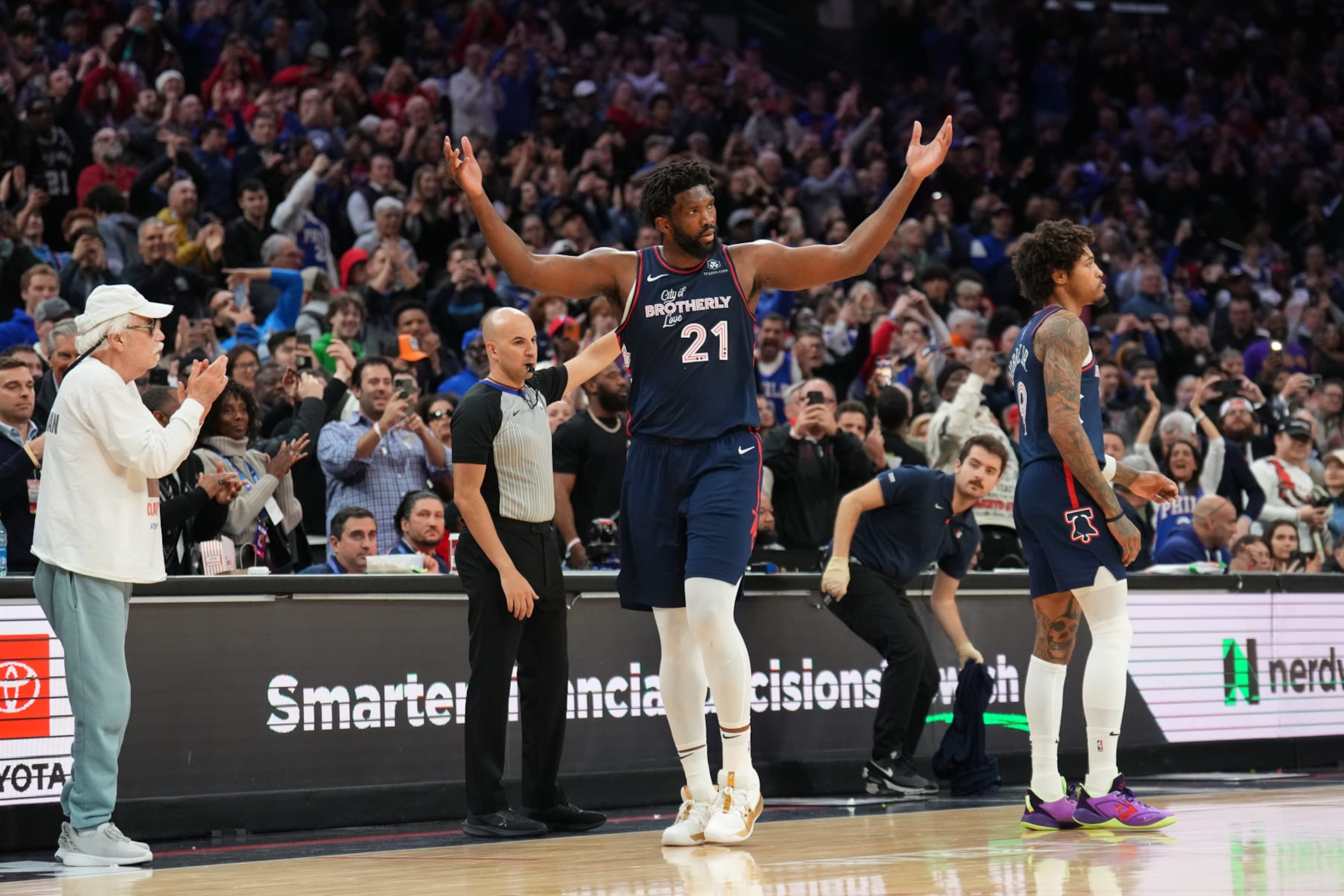 PHILADELPHIA, PA - JANUARY 22: Joel Embiid #21 of the Philadelphia 76ers celebrates during the game after setting a new franchise record with 70 points against the San Antonio Spurs on January 22, 2024 at the Wells Fargo Center in Philadelphia, Pennsylvania NOTE TO USER: User expressly acknowledges and agrees that, by downloading and/or using this Photograph, user is consenting to the terms and conditions of the Getty Images License Agreement. Mandatory Copyright Notice: Copyright 2024 NBAE (Photo by Jesse D. Garrabrant/NBAE via Getty Images)