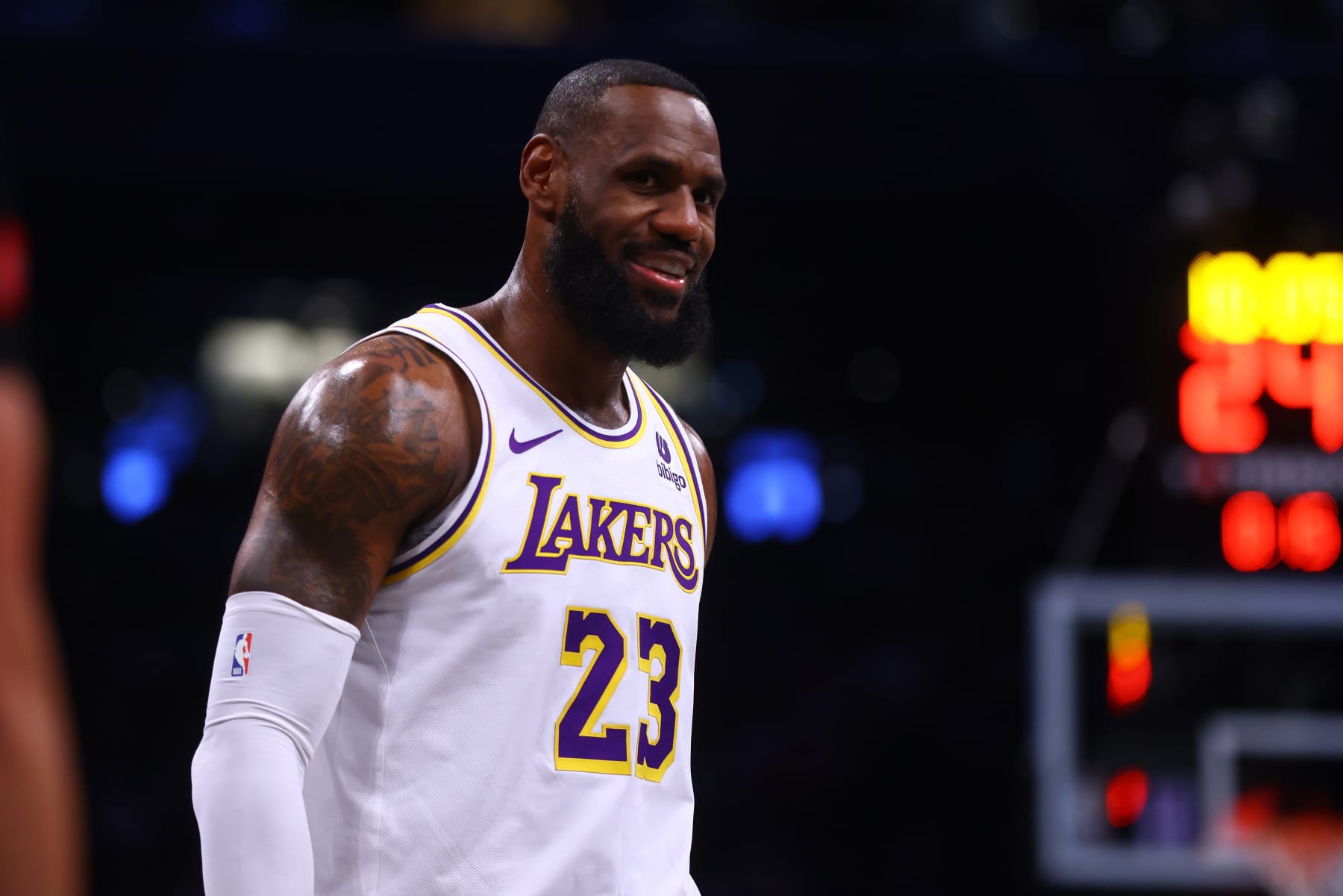 NEW YORK, NEW YORK - MARCH 31: LeBron James #23 of the Los Angeles Lakers in action against the Brooklyn Nets at Barclays Center on March 31, 2024 in New York City. NOTE TO USER: User expressly acknowledges and agrees that, by downloading and or using this photograph, User is consenting to the terms and conditions of the Getty Images License Agreement. Los Angeles Lakers defeated the Brooklyn Nets 116-104. (Photo by Mike Stobe/Getty Images)