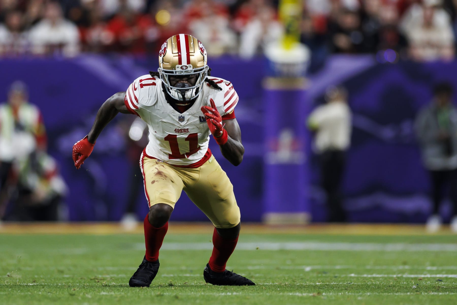 LAS VEGAS, NEVADA - FEBRUARY 11: Brandon Aiyuk #11 of the San Francisco 49ers runs a route during Super Bowl LVIII against the Kansas City Chiefs at Allegiant Stadium on February 11, 2024 in Las Vegas, Nevada. (Photo by Ryan Kang/Getty Images)