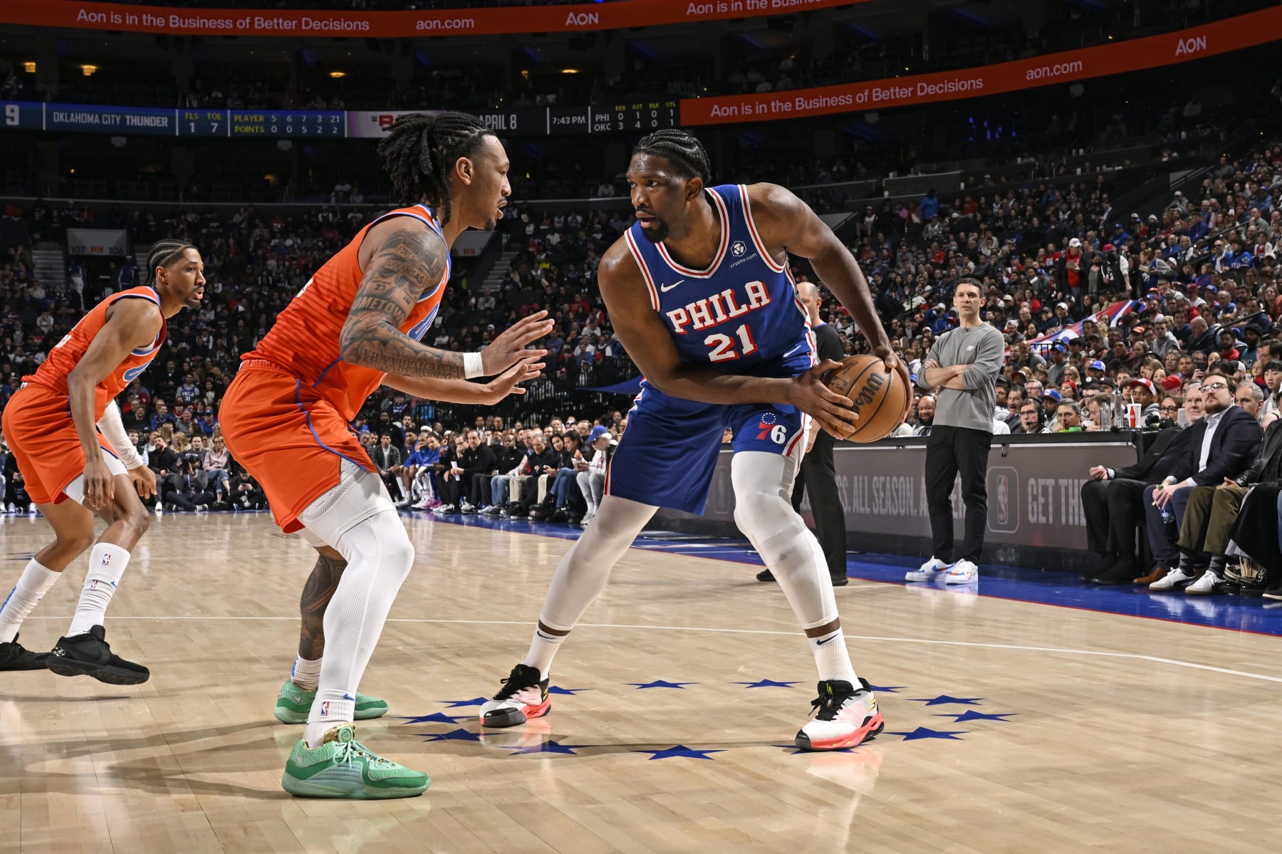 PHILADELPHIA, PA - APRIL 2: Joel Embiid #21 of the Philadelphia 76ers looks to pass the ball during the game against the Oklahoma City Thunder on April 2, 2024 at the Wells Fargo Center in Philadelphia, Pennsylvania NOTE TO USER: User expressly acknowledges and agrees that, by downloading and/or using this Photograph, user is consenting to the terms and conditions of the Getty Images License Agreement. Mandatory Copyright Notice: Copyright 2024 NBAE (Photo by David Dow/NBAE via Getty Images)