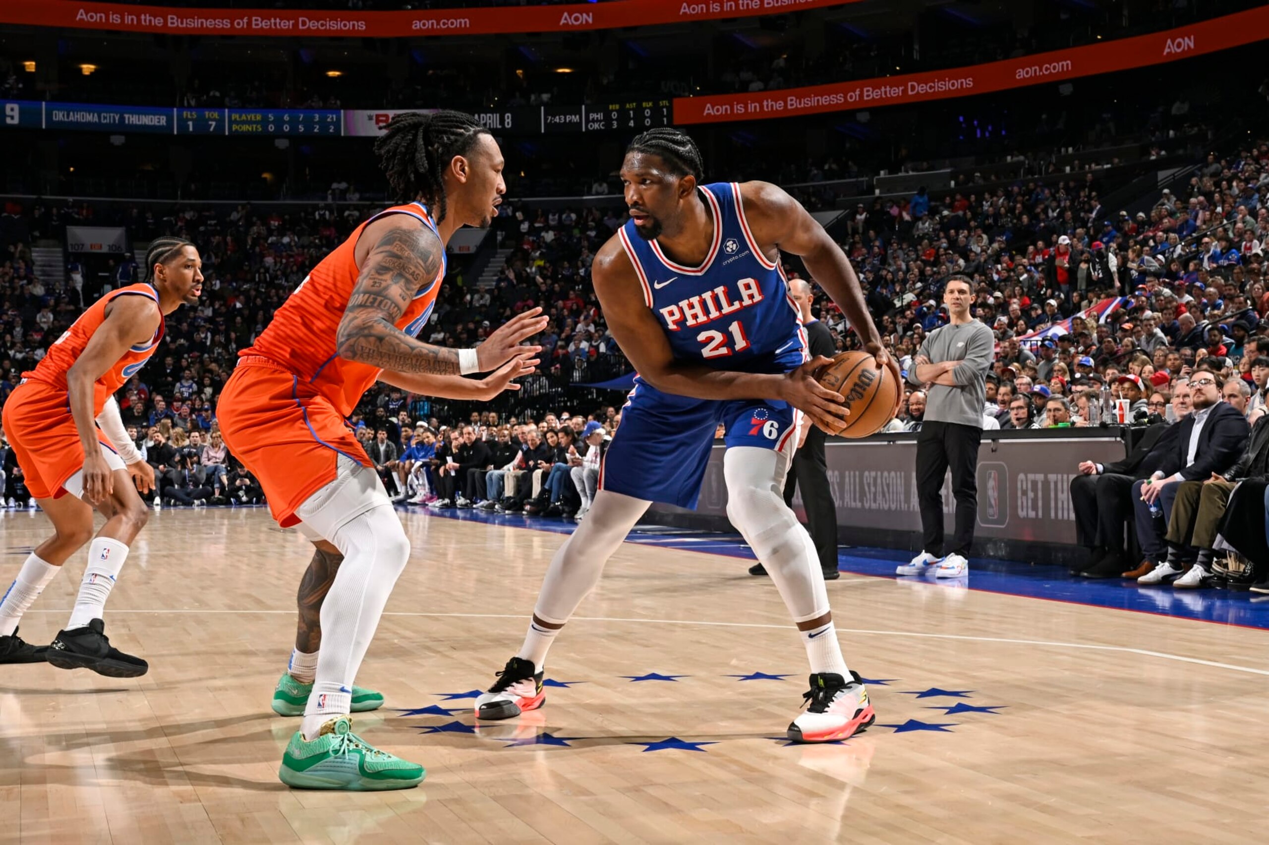 PHILADELPHIA, PA - APRIL 2: Joel Embiid #21 of the Philadelphia 76ers looks to pass the ball during the game against the Oklahoma City Thunder on April 2, 2024 at the Wells Fargo Center in Philadelphia, Pennsylvania NOTE TO USER: User expressly acknowledges and agrees that, by downloading and/or using this Photograph, user is consenting to the terms and conditions of the Getty Images License Agreement. Mandatory Copyright Notice: Copyright 2024 NBAE (Photo by David Dow/NBAE via Getty Images) PHILADELPHIA, PA - APRIL 2: Joel Embiid #21 of the Philadelphia 76ers looks to pass the ball during the game against the Oklahoma City Thunder on April 2, 2024 at the Wells Fargo Center in Philadelphia, Pennsylvania NOTE TO USER: User expressly acknowledges and agrees that, by downloading and/or using this Photograph, user is consenting to the terms and conditions of the Getty Images License Agreement. Mandatory Copyright Notice: Copyright 2024 NBAE (Photo by David Dow/NBAE via Getty Images)