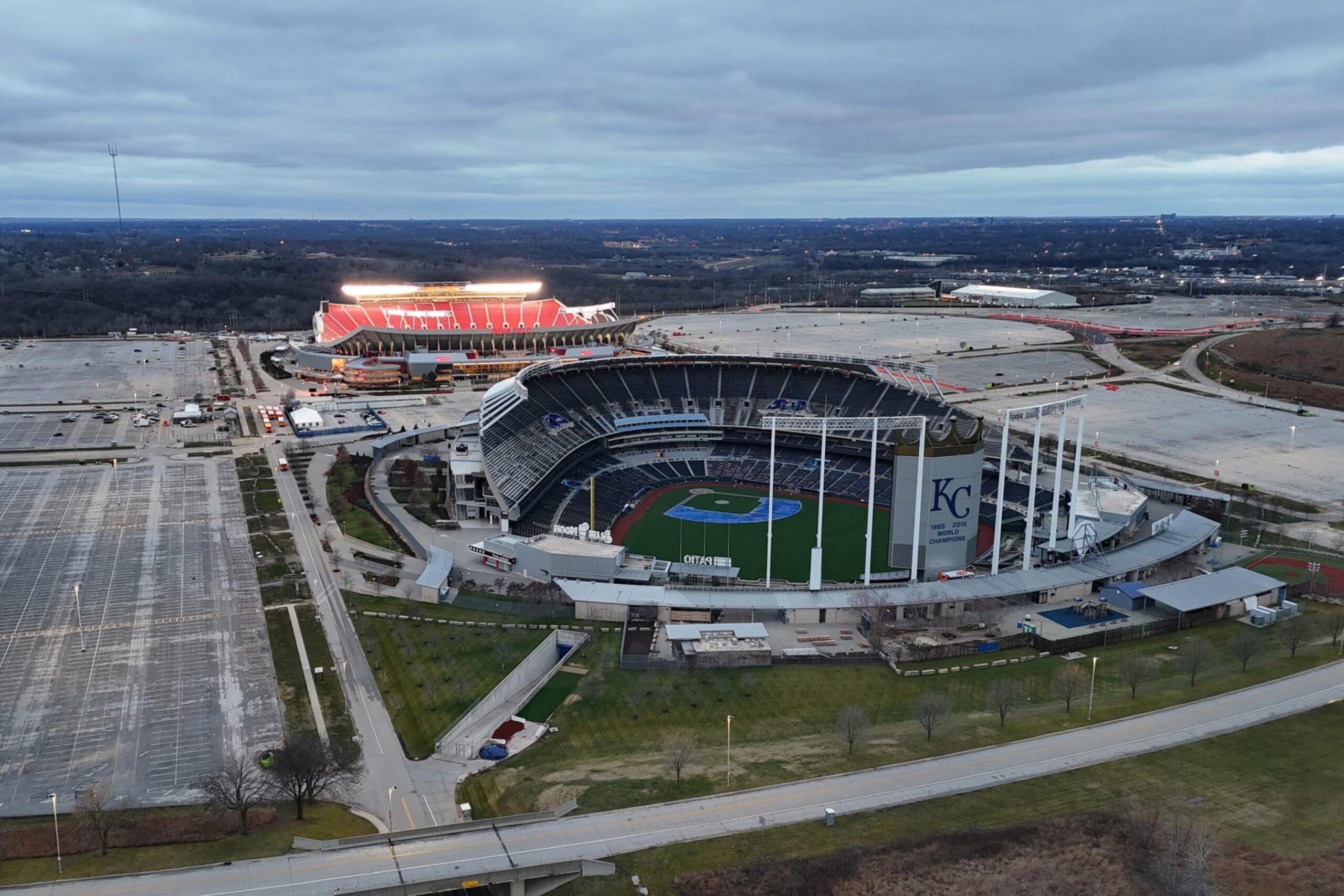 KANSAS CITY, MISSOURI - DECEMBER 25: A general overall aerial view of Kauffman Stadium (foreground) and Arrowhead Stadium at the Truman Sports Complex on December 25, 2023 in Kansas City, Missouri. (Photo by Kirby Lee/Getty Images)