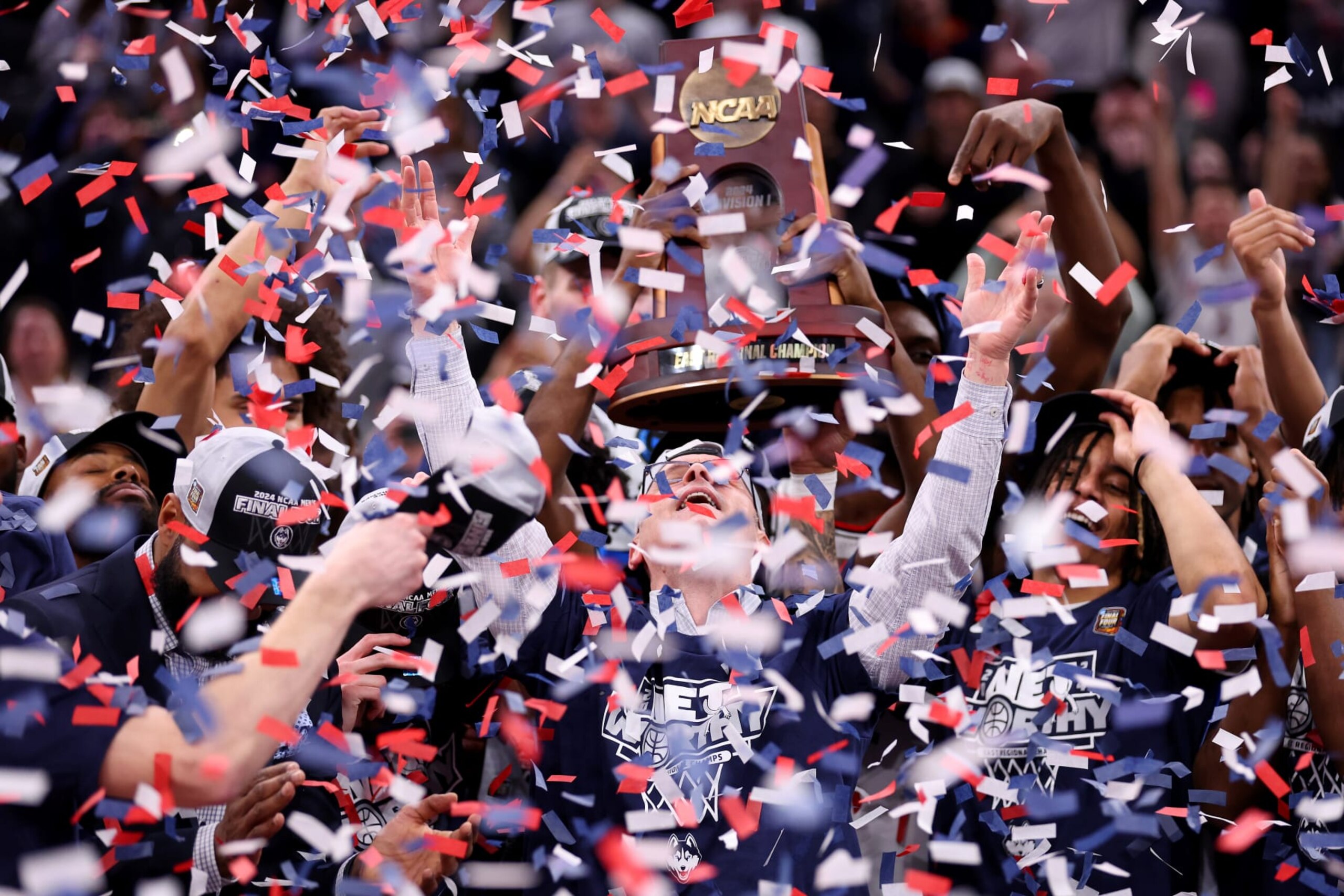 BOSTON, MASSACHUSETTS - MARCH 30: Head coach Dan Hurley of the Connecticut Huskies celebrates after defeating the Illinois Fighting Illini in the Elite 8 round of the NCAA Men's Basketball Tournament at TD Garden on March 30, 2024 in Boston, Massachusetts. (Photo by Michael Reaves/Getty Images) BOSTON, MASSACHUSETTS - MARCH 30: Head coach Dan Hurley of the Connecticut Huskies celebrates after defeating the Illinois Fighting Illini in the Elite 8 round of the NCAA Men's Basketball Tournament at TD Garden on March 30, 2024 in Boston, Massachusetts. (Photo by Michael Reaves/Getty Images)