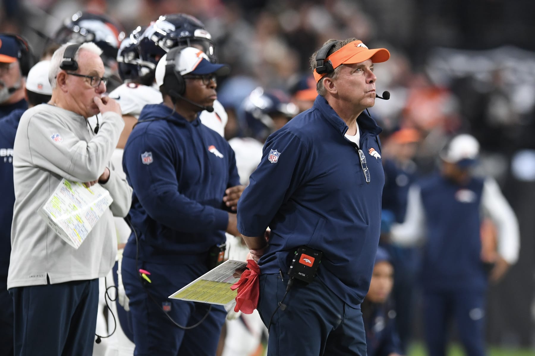 LAS VEGAS, NEVADA - JANUARY 07: Head Coach Sean Payton of the Denver Broncos looks on against the Las Vegas Raiders in the second quarter at Allegiant Stadium on January 07, 2024 in Las Vegas, Nevada. (Photo by Candice Ward/Getty Images)