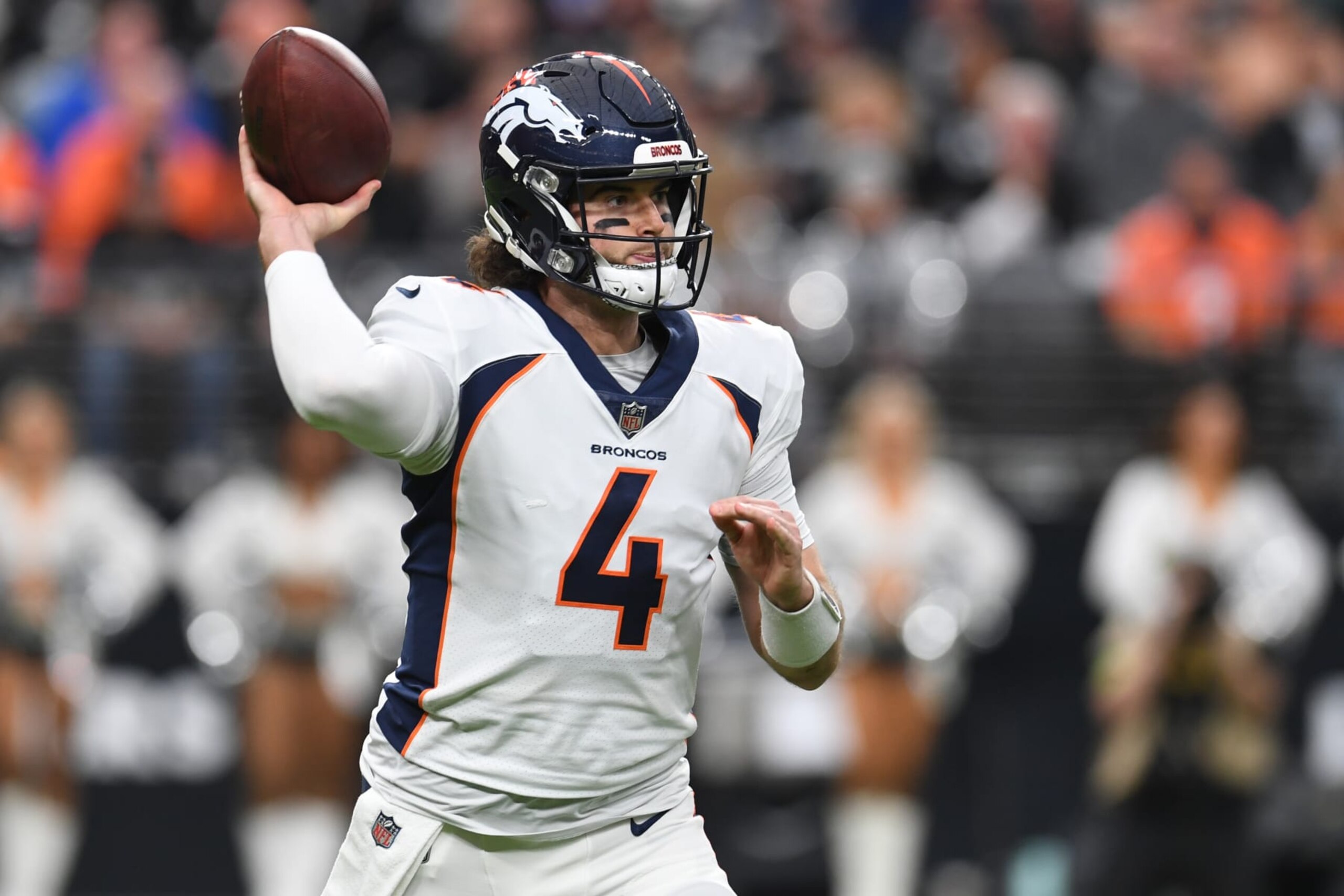 LAS VEGAS, NEVADA - JANUARY 07: Jarrett Stidham #4 of the Denver Broncos throws a pass during the first quarter in the game against the Las Vegas Raiders at Allegiant Stadium on January 07, 2024 in Las Vegas, Nevada. (Photo by Candice Ward/Getty Images) LAS VEGAS, NEVADA - JANUARY 07: Jarrett Stidham #4 of the Denver Broncos throws a pass during the first quarter in the game against the Las Vegas Raiders at Allegiant Stadium on January 07, 2024 in Las Vegas, Nevada. (Photo by Candice Ward/Getty Images)