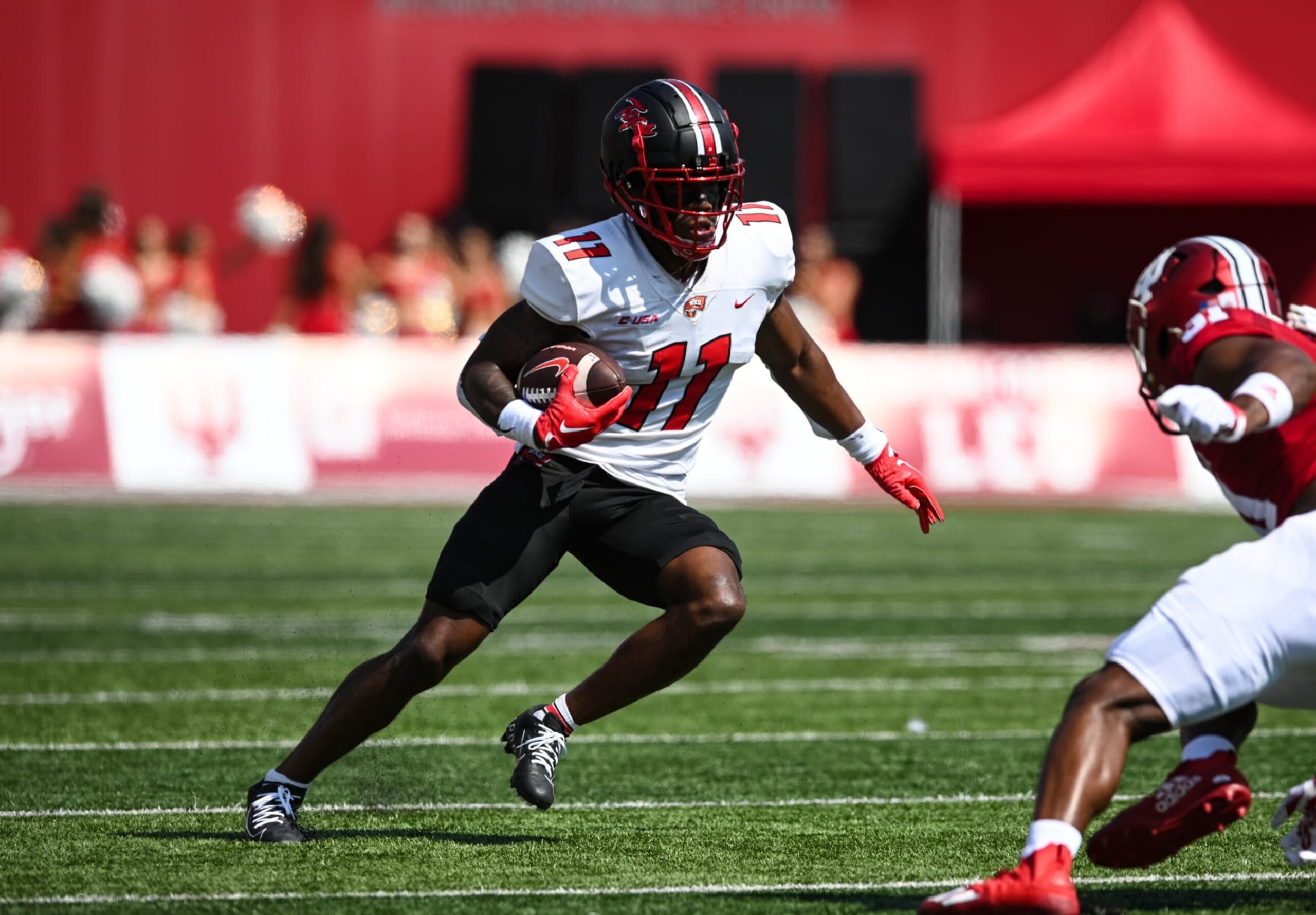 BLOOMINGTON, IN - SEPTEMBER 17: Western Kentucky WR Malachi Corley (11) catches a pass and runs down field during a college football game between the Western Kentucky Hilltoppers and Indiana Hoosiers on September 17, 2022 at Memorial Stadium in Bloomington, IN. (Photo by James Black/Icon Sportswire via Getty Images)