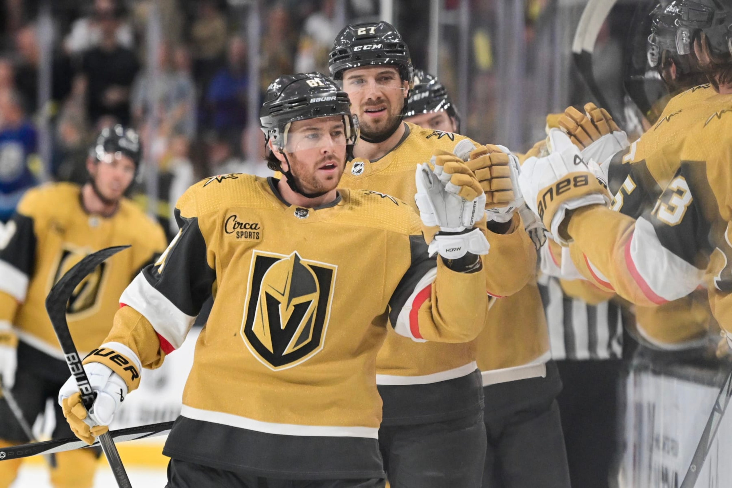 LAS VEGAS, NEVADA - APRIL 02: Jonathan Marchessault #81 of the Vegas Golden Knights celebrates his first-period goal against the Vancouver Canucks at T-Mobile Arena on April 02, 2024 in Las Vegas, Nevada. (Photo by Candice Ward/Getty Images)