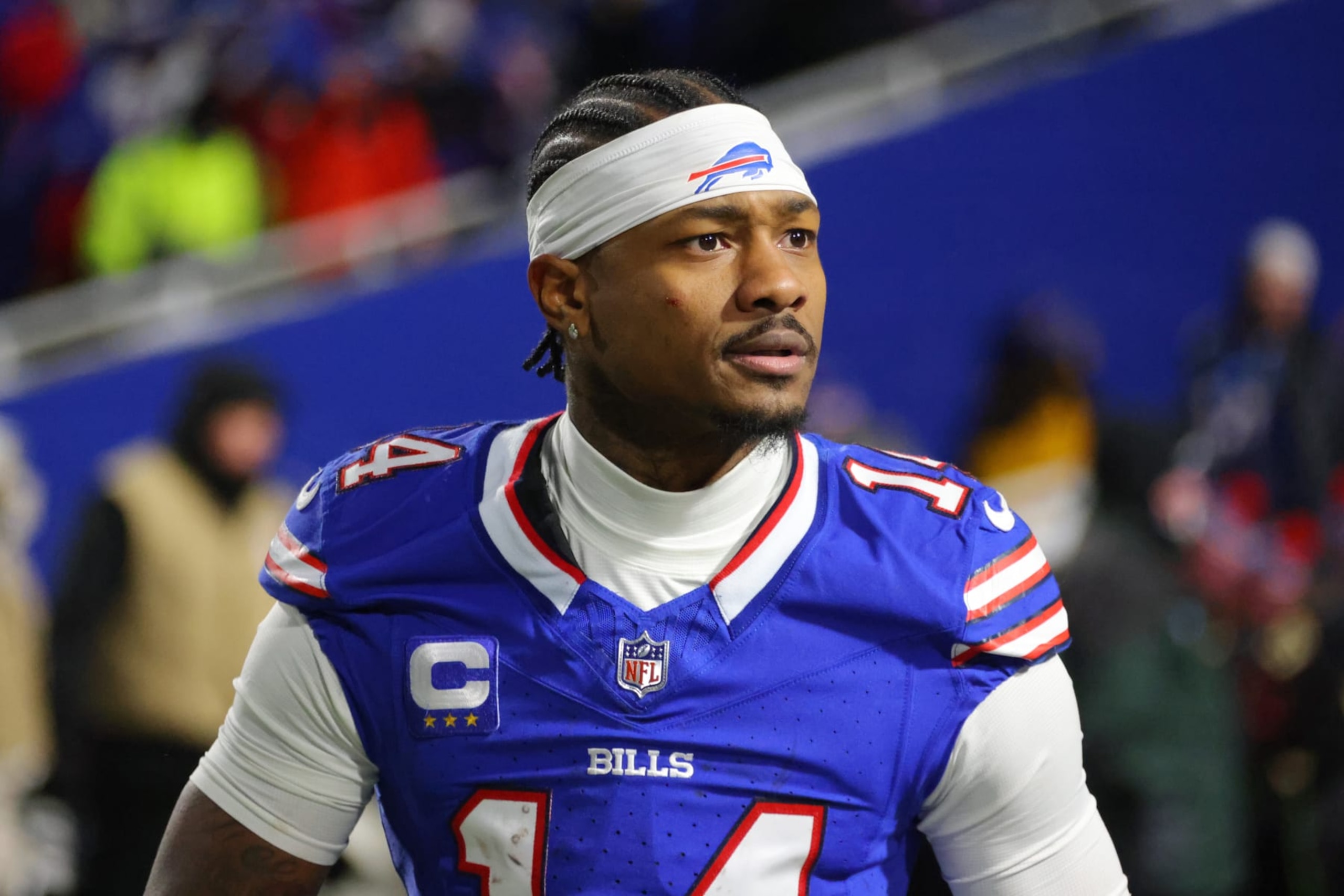 ORCHARD PARK, NEW YORK - JANUARY 21: Stefon Diggs #14 of the Buffalo Bills reacts during the AFC Divisional Playoff game against the Kansas City Chiefs at Highmark Stadium on January 21, 2024 in Orchard Park, New York. (Photo by Timothy T Ludwig/Getty Images)