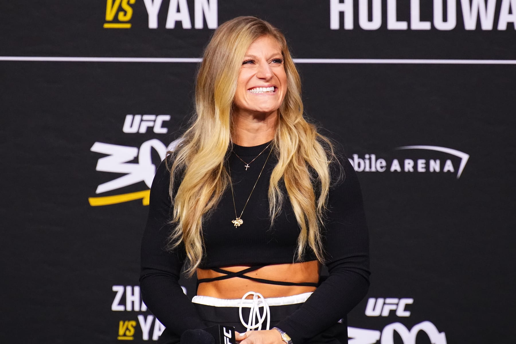 Kayla Harrison interacts with fans during a Q&A session ahead of UFC 300