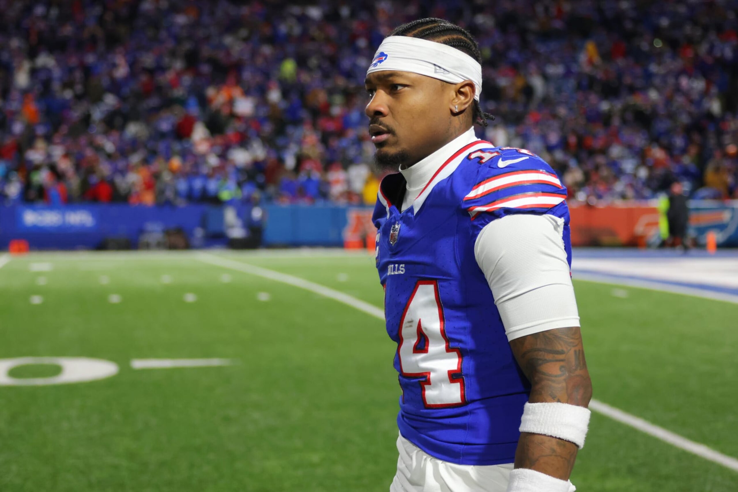ORCHARD PARK, NEW YORK - JANUARY 21: Stefon Diggs #14 of the Buffalo Bills reacts during the AFC Divisional Playoff game against the Kansas City Chiefs at Highmark Stadium on January 21, 2024 in Orchard Park, New York. (Photo by Timothy T Ludwig/Getty Images)