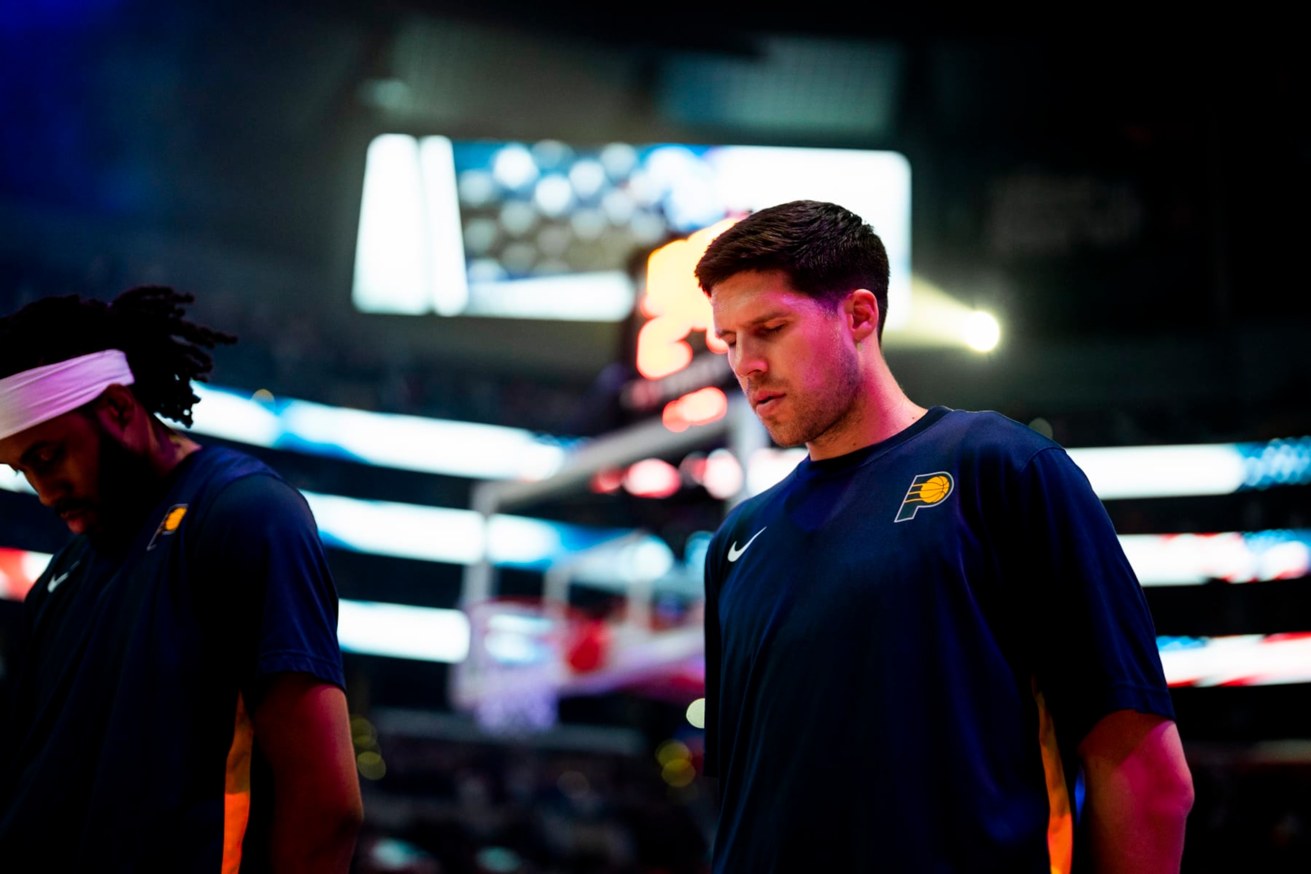 LOS ANGELES, CA - MARCH 25: Doug McDermott #20 of the Indiana Pacers stands for the National Anthem before the game against the LA Clippers on March 25, 2024 at Crypto.Com Arena in Los Angeles, California. NOTE TO USER: User expressly acknowledges and agrees that, by downloading and/or using this Photograph, user is consenting to the terms and conditions of the Getty Images License Agreement. Mandatory Copyright Notice: Copyright 2024 NBAE (Photo by Tyler Ross/NBAE via Getty Images)