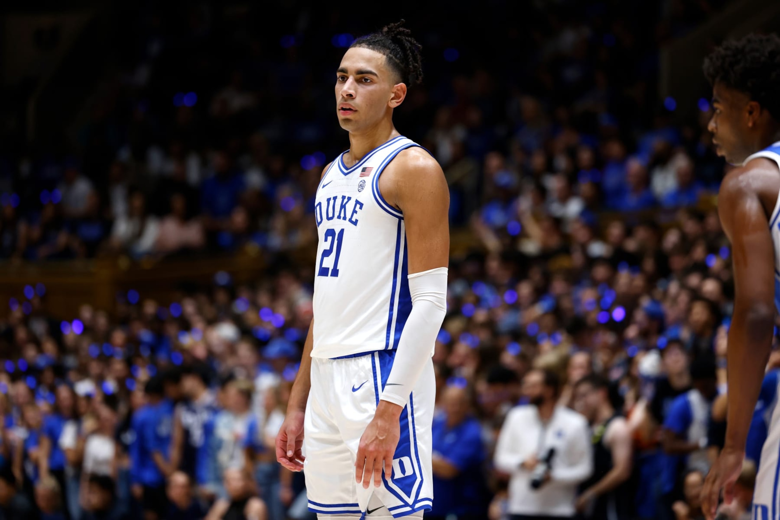 DURHAM, NORTH CAROLINA - OCTOBER 20: Christian Reeves #21 of the Duke Blue Devils looks on in their scrimmage game during Countdown to Craziness at Cameron Indoor Stadium on October 20, 2023 in Durham, North Carolina. (Photo by Lance King/Getty Images) DURHAM, NORTH CAROLINA - OCTOBER 20: Christian Reeves #21 of the Duke Blue Devils looks on in their scrimmage game during Countdown to Craziness at Cameron Indoor Stadium on October 20, 2023 in Durham, North Carolina. (Photo by Lance King/Getty Images)