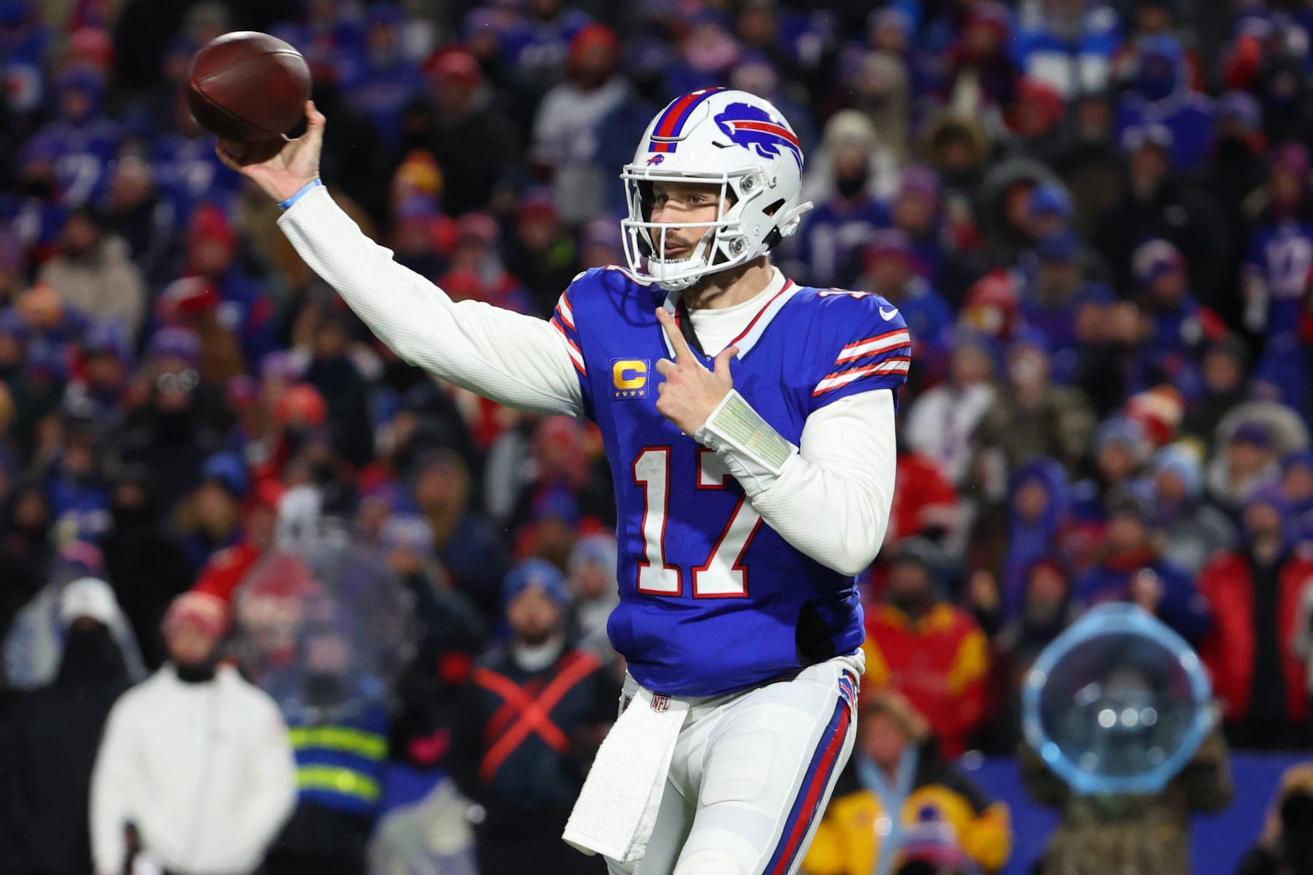 ORCHARD PARK, NEW YORK - JANUARY 21: Josh Allen #17 of the Buffalo Bills throws a pass against the Kansas City Chiefs in the AFC Divisional Playoff game at Highmark Stadium on January 21, 2024 in Orchard Park, New York. (Photo by Timothy T Ludwig/Getty Images)