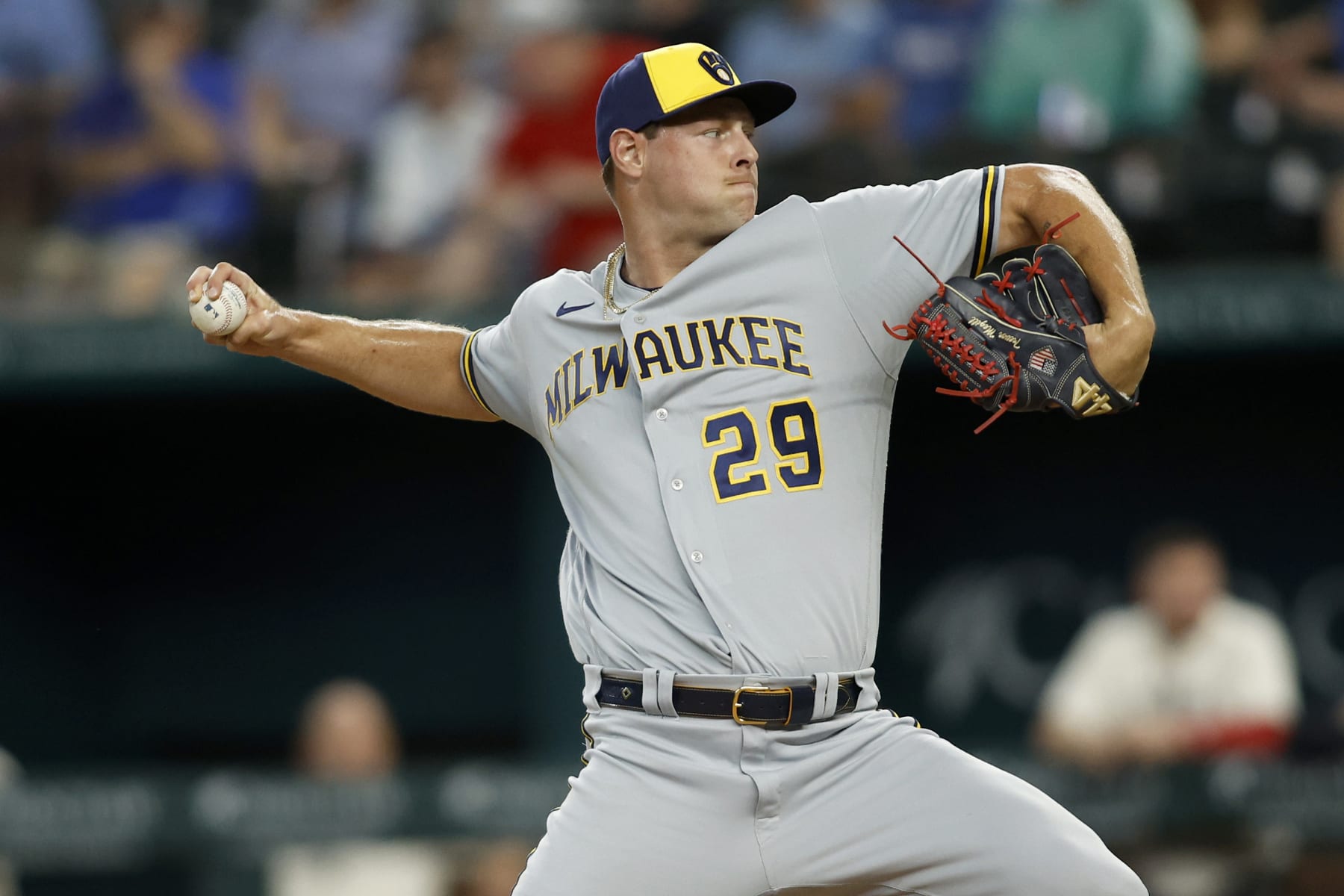 ARLINGTON, TEXAS - AUGUST 19: Trevor Megill #29 of the Milwaukee Brewers throws a pitch in the ninth inning against the Texas Rangers at Globe Life Field on August 19, 2023 in Arlington, Texas. (Photo by Tim Heitman/Getty Images)