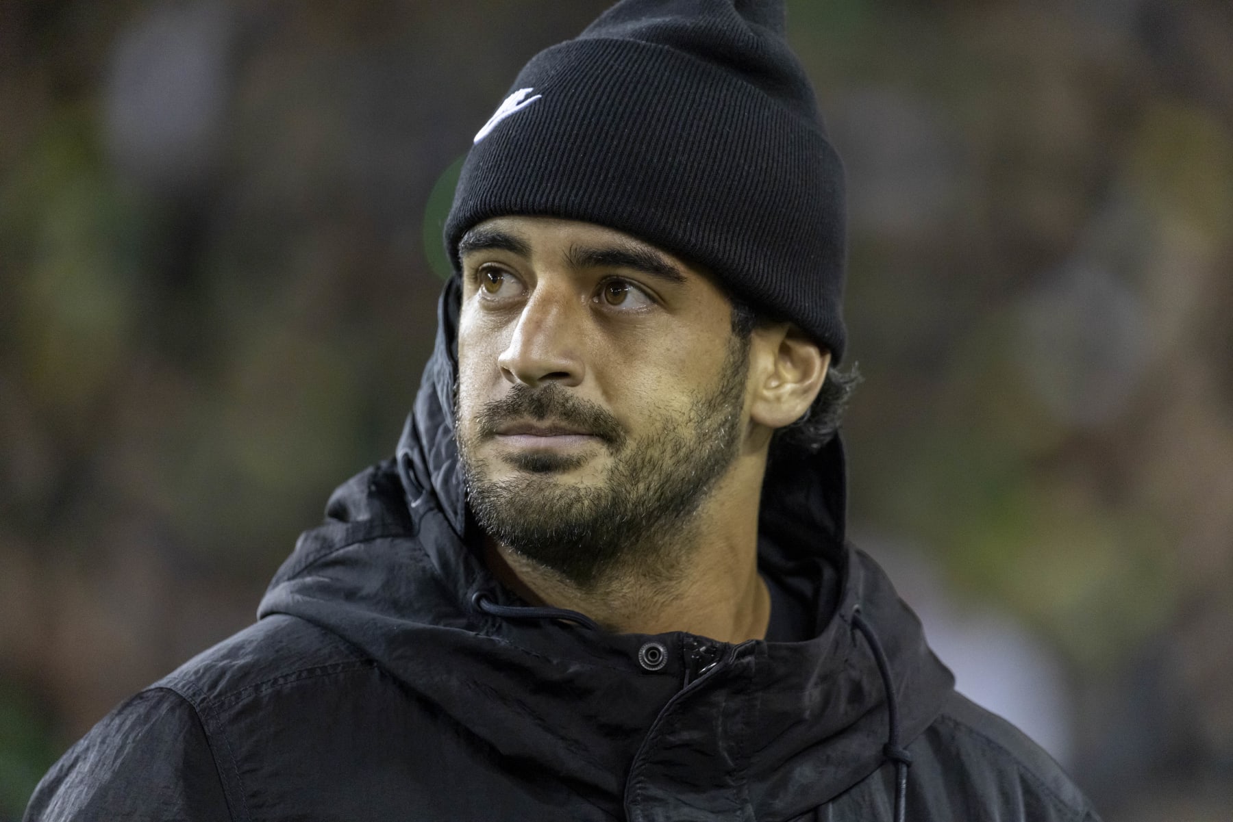 EUGENE, OREGON - NOVEMBER 11: Quarterback Marcus Mariota Alumni of the Oregon Ducks is honored  during the first half against the USC Trojans at Autzen Stadium on November 11, 2023 in Eugene, Oregon. (Photo by Tom Hauck/Getty Images)