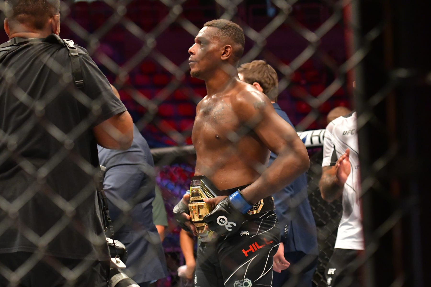 Jamahal Hill celebrates his victory over Glover Teixeira in 2023.