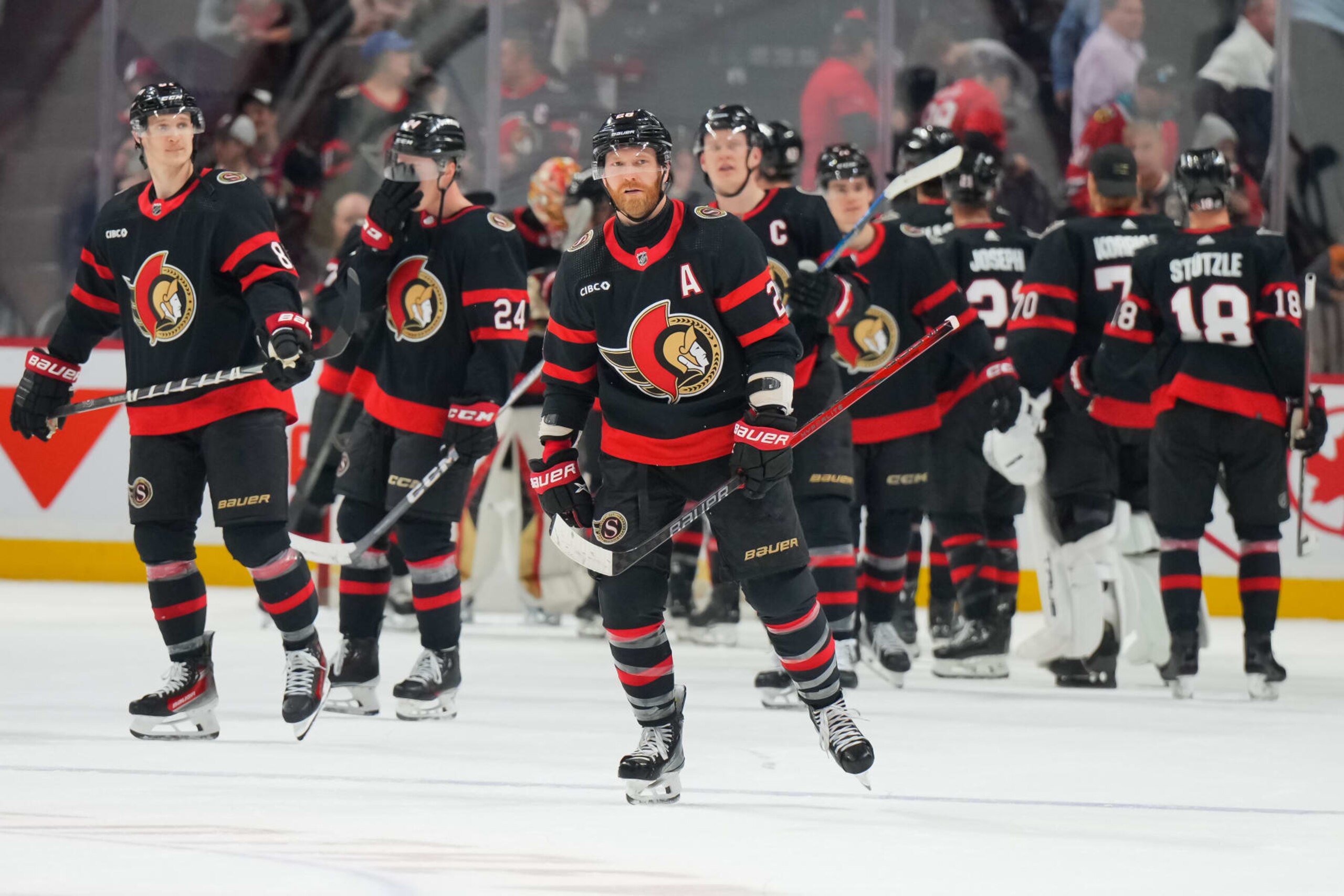 OTTAWA, CANADA - MARCH 28: Claude Giroux #28 of the Ottawa Senators celebrates with teammates after his teams' 2-0 shutout win against the Chicago Blackhawks at Canadian Tire Centre on March 28, 2024 in Ottawa, Ontario, Canada.  (Photo by André Ringuette/NHLI via Getty Images)