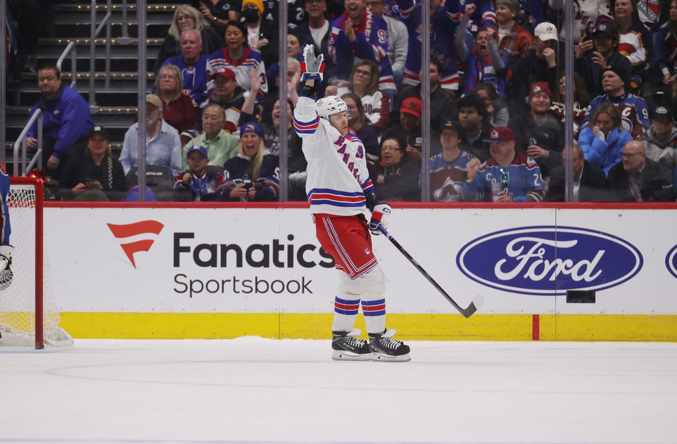 DENVER, COLORADO - MARCH 28:  Artemi Panarin #10 of the New York Rangers celebrates a goal against the Colorado Avalanche at Ball Arena on March 28, 2024 in Denver, Colorado. (Photo by Michael Martin/NHLI via Getty Images)