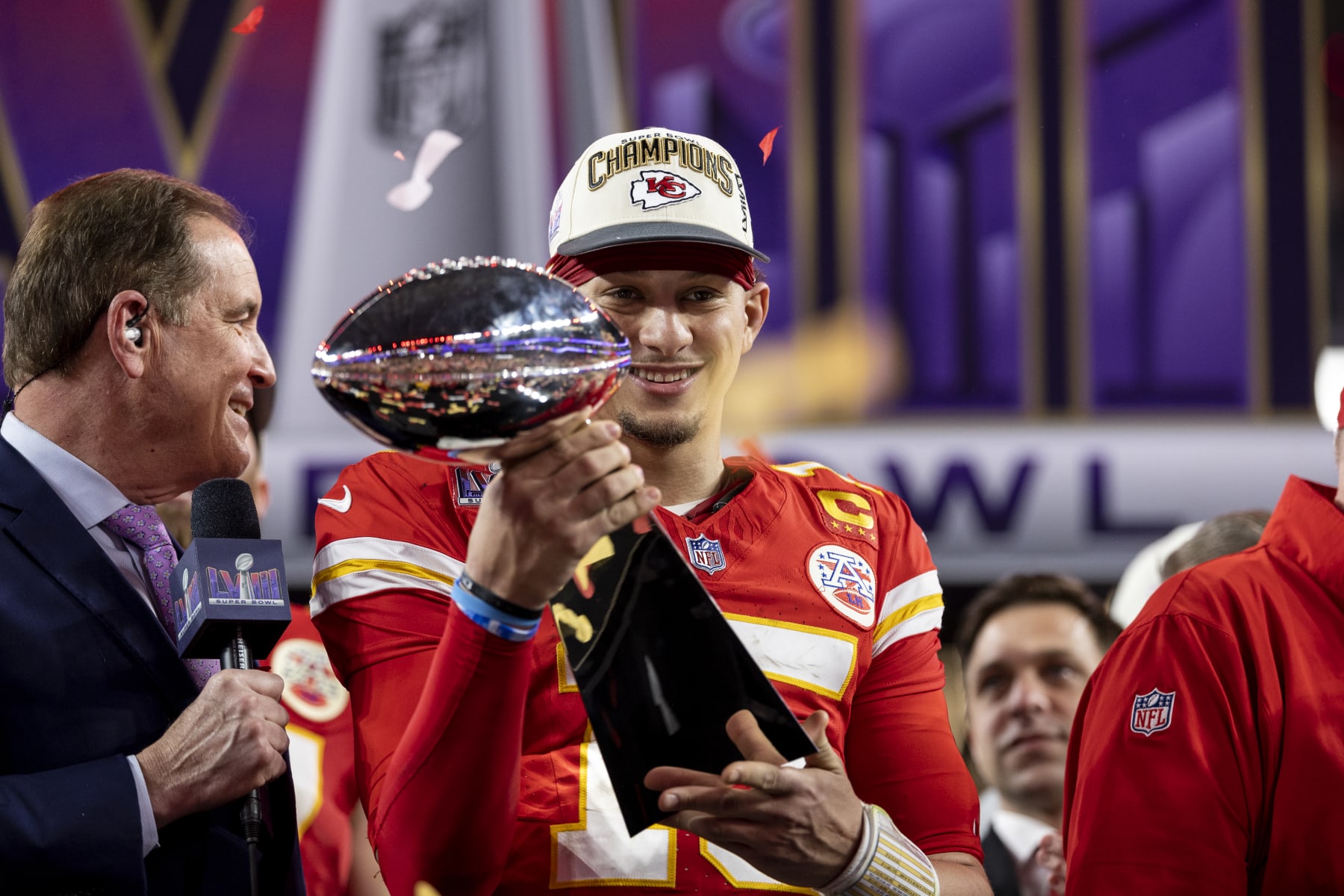 LAS VEGAS, NEVADA - FEBRUARY 11: Patrick Mahomes #15 of the Kansas City Chiefs celebrates with the Vince Lombardi Trophy following the NFL Super Bowl 58 football game between the San Francisco 49ers and the Kansas City Chiefs at Allegiant Stadium on February 11, 2024 in Las Vegas, Nevada. (Photo by Michael Owens/Getty Images)