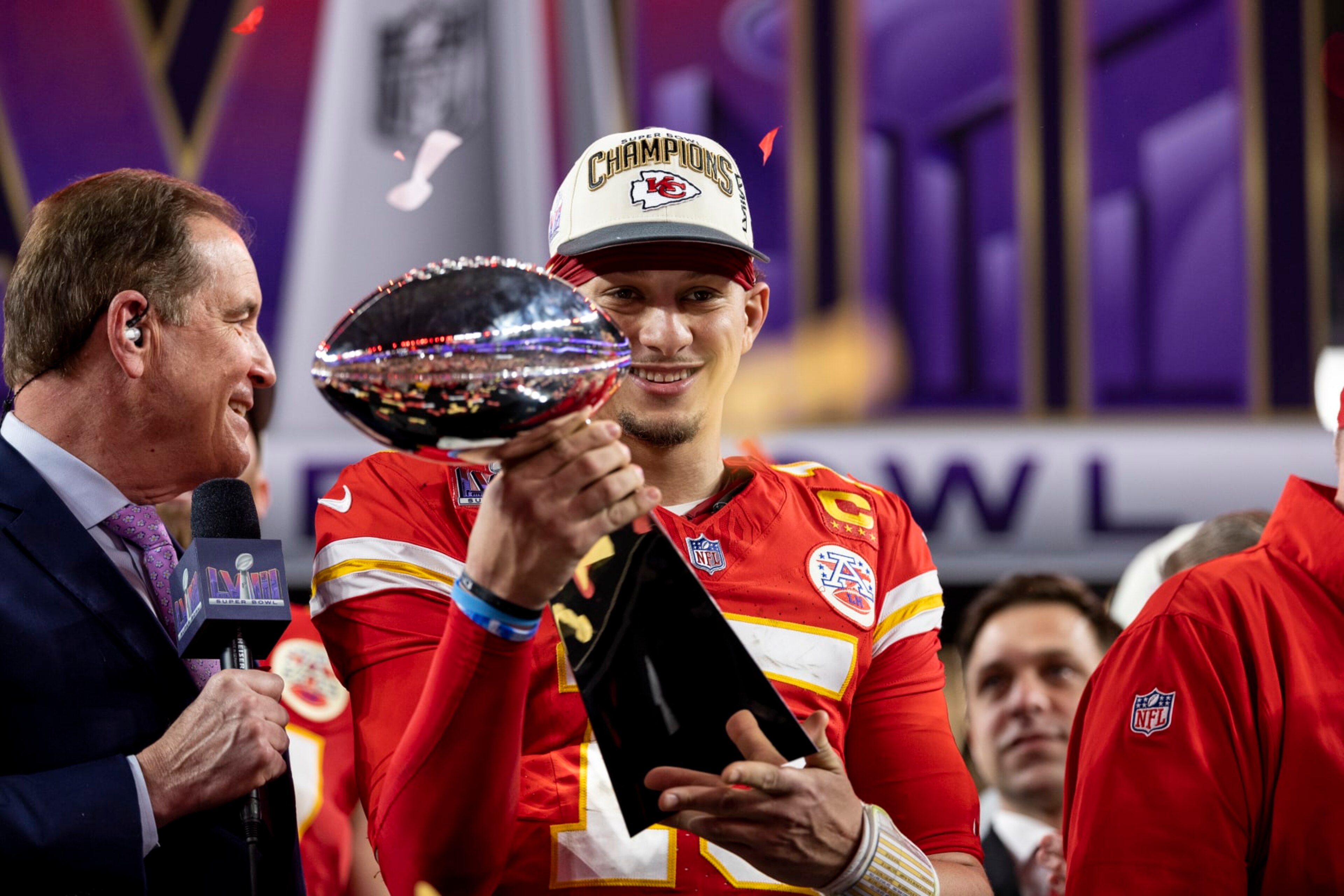 LAS VEGAS, NEVADA - FEBRUARY 11: Patrick Mahomes #15 of the Kansas City Chiefs celebrates with the Vince Lombardi Trophy following the NFL Super Bowl 58 football game between the San Francisco 49ers and the Kansas City Chiefs at Allegiant Stadium on February 11, 2024 in Las Vegas, Nevada. (Photo by Michael Owens/Getty Images)