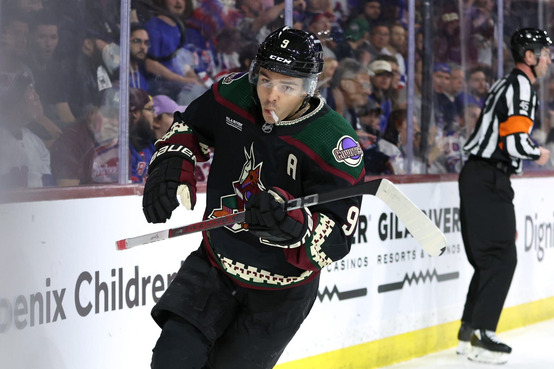 TEMPE, ARIZONA - MARCH 30: Clayton Keller #9 of the Arizona Coyotes celebrates after scoring a goal against the New York Rangers during the second period at Mullett Arena on March 30, 2024 in Tempe, Arizona. (Photo by Zac BonDurant/Getty Images)