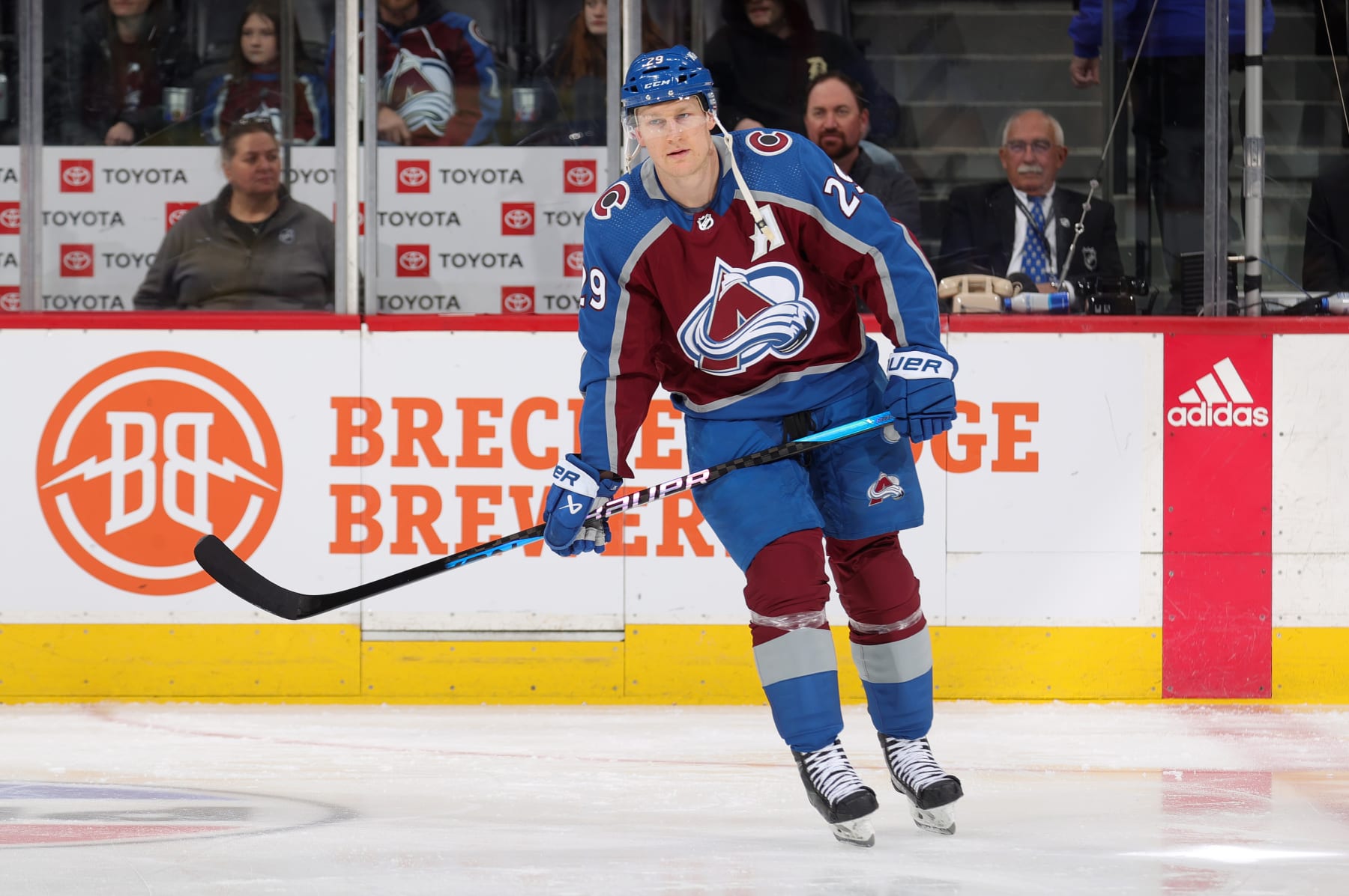 DENVER, COLORADO - MARCH 26: Nathan MacKinnon #29 of the Colorado Avalanche warms ups before a game against the Montreal Canadiens at Ball Arena on March 26, 2024 in Denver, Colorado. (Photo by Michael Martin/NHLI via Getty Images)
