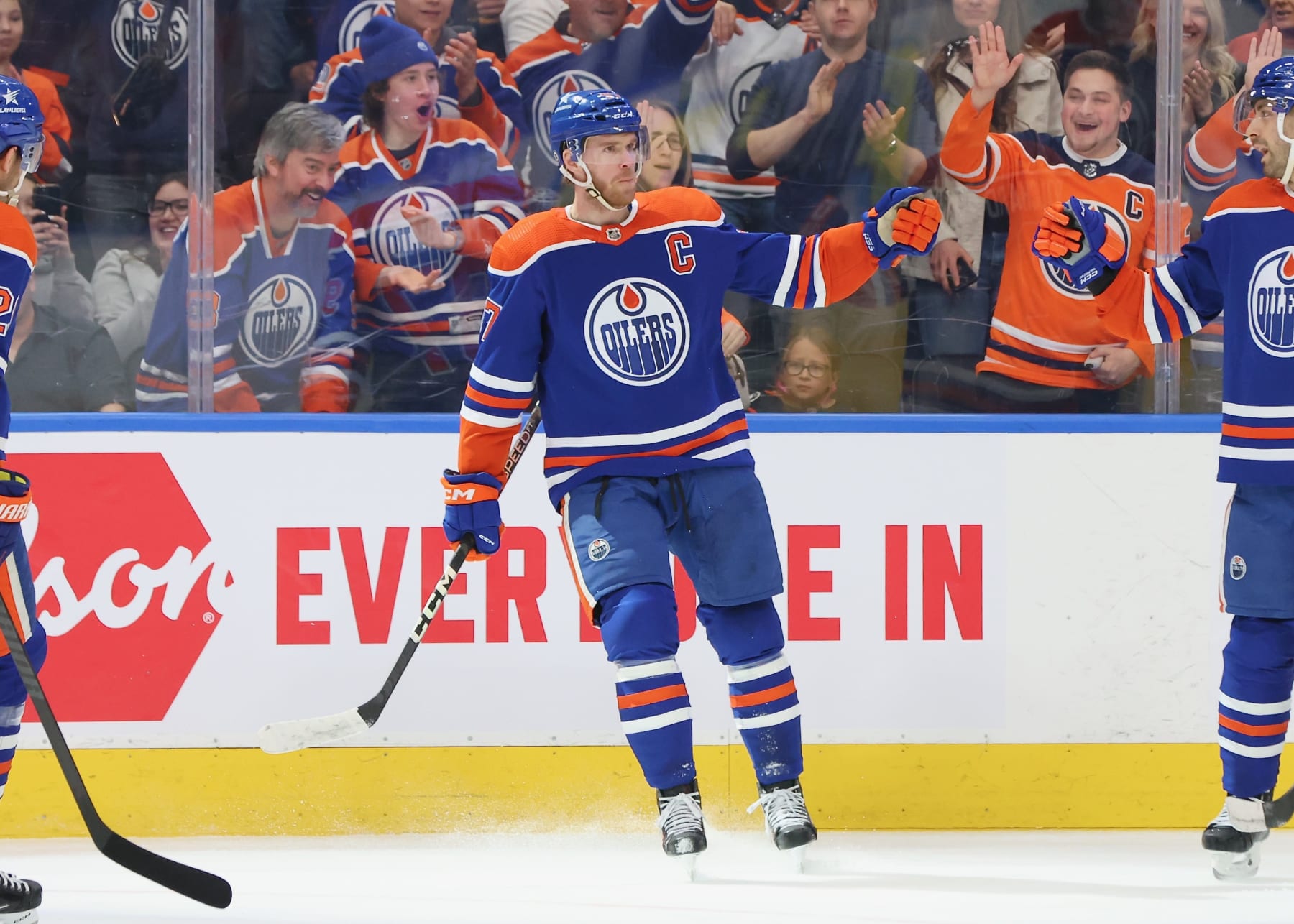 EDMONTON, CANADA - MARCH 30: Connor McDavid #97 of the Edmonton Oilers celebrates a goal in the first period against the Anaheim Ducks on March 30, 2024 at Rogers Place in Edmonton, Alberta, Canada. (Photo by Lawrence Scott/Getty Images)