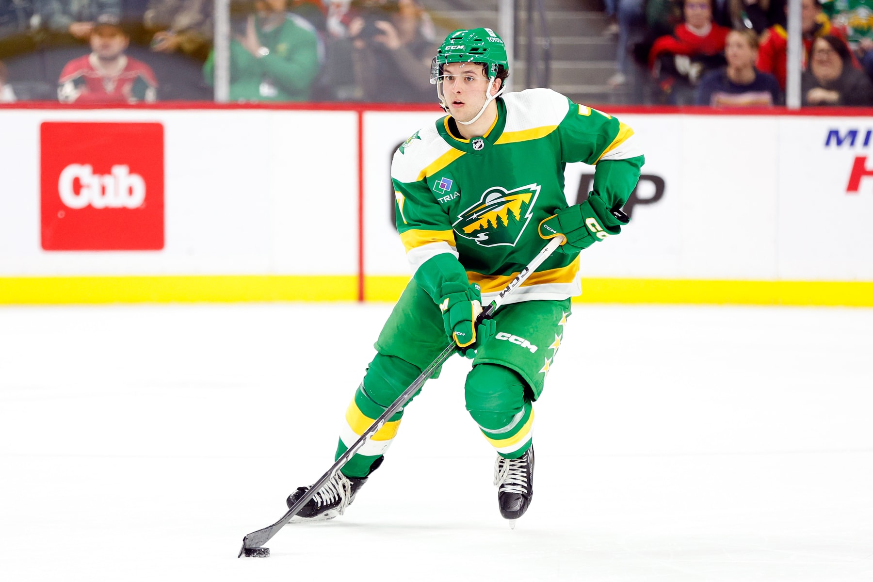 ST PAUL, MINNESOTA - MARCH 30: Brock Faber #7 of the Minnesota Wild skates with the puck against the Vegas Golden Knights in the second period at Xcel Energy Center on March 30, 2024 in St Paul, Minnesota. (Photo by David Berding/Getty Images)