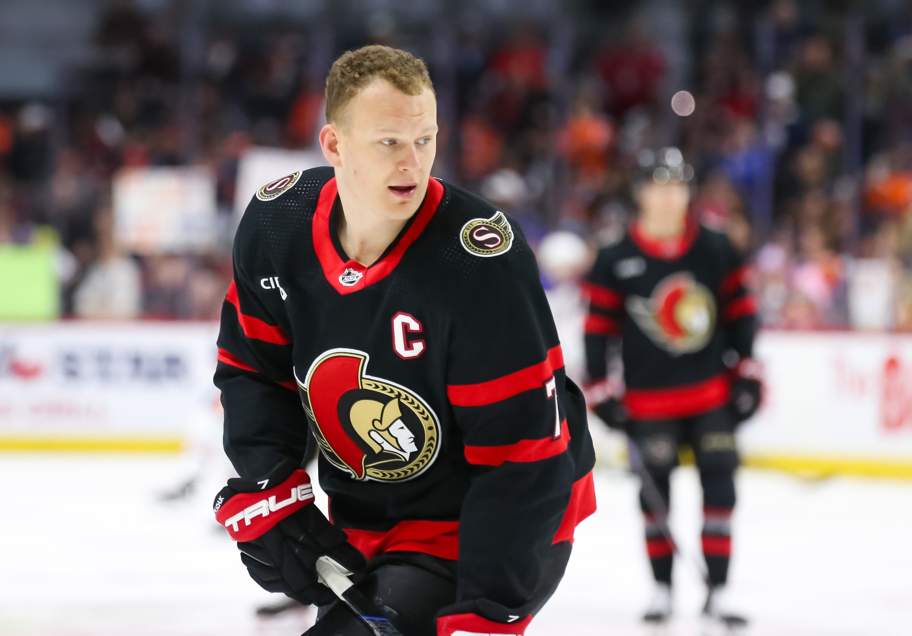 OTTAWA, CANADA - MARCH 24: Brady Tkachuk #7 of the Ottawa Senators skates against the Edmonton Oilers at Canadian Tire Centre on March 24, 2024 in Ottawa, Ontario, Canada. (Photo by Chris Tanouye/Freestyle Photography/Getty Images)