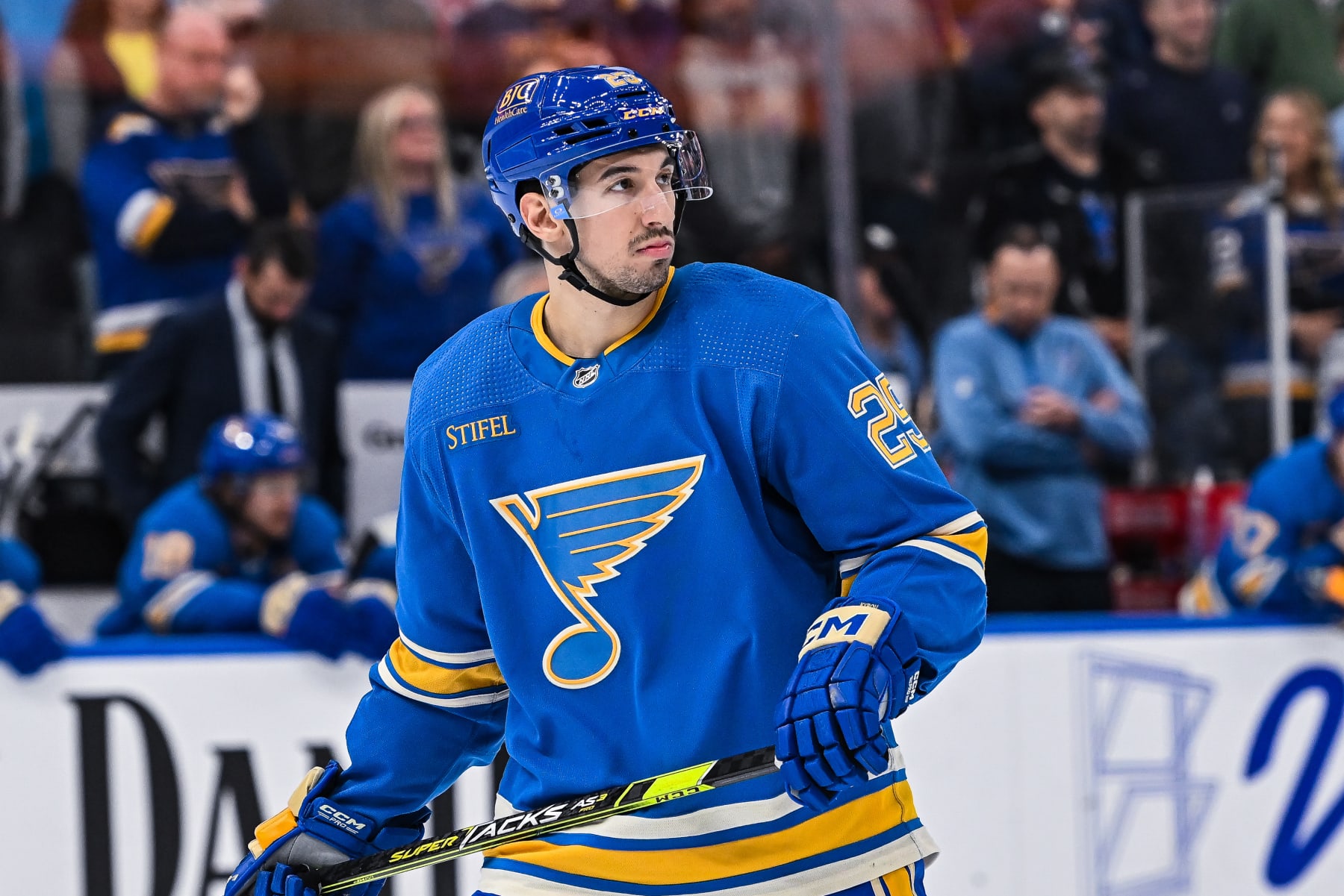 ST. LOUIS, MO - March 16:St. Louis Blues center Jordan Kyrou (25) waits to take his turn in the shootouts during a regular season game between the Minnesota Wild and the St. Louis Blues on March 16, 2024, at the Enterprise Center in St. Louis MO (Photo by Rick Ulreich/Icon Sportswire via Getty Images)