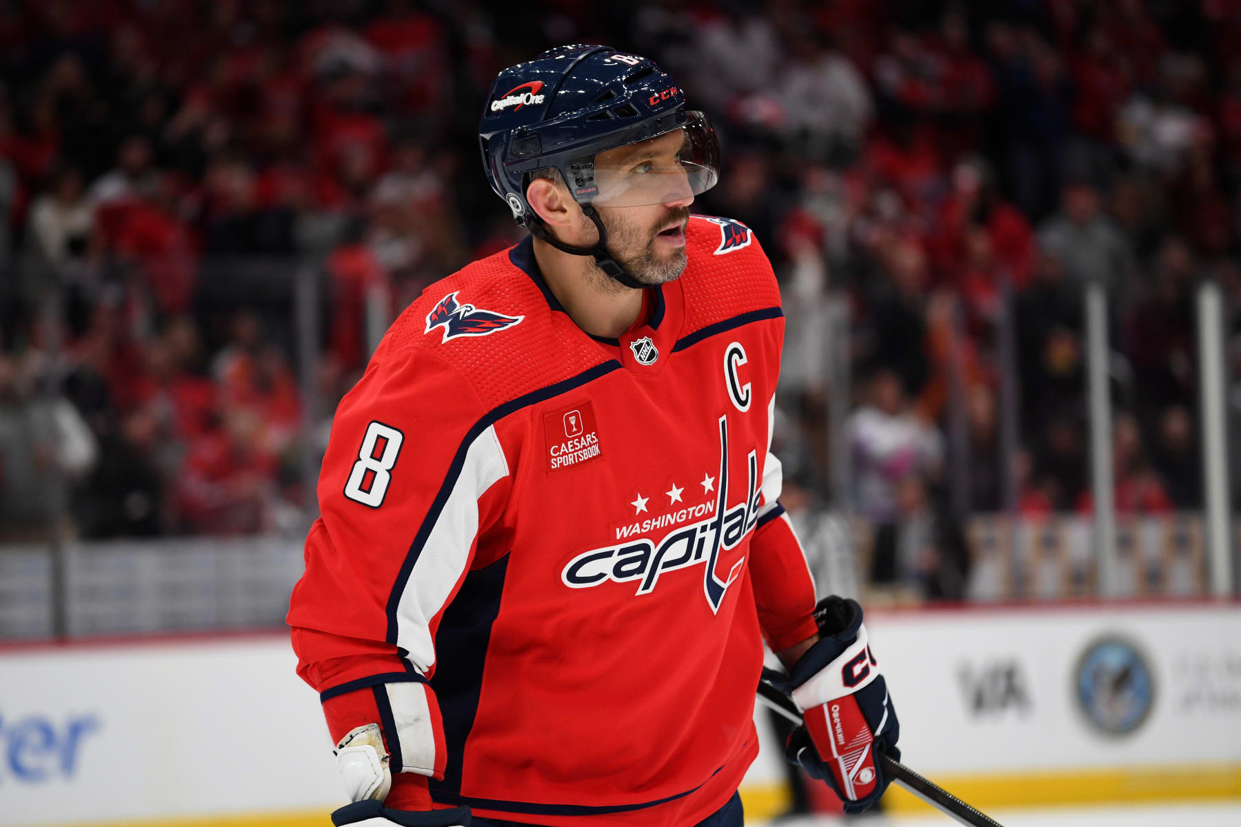 WASHINGTON, DC - MARCH 01: Capitals left wing Alexander Alex Ovechkin (8) skates off the ice during the Philadelphia Flyers versus Washington Capitals National Hockey League game on March 1, 2024 at Capital One Arena in Washington, D.C.. (Photo by Randy Litzinger/Icon Sportswire via Getty Images)