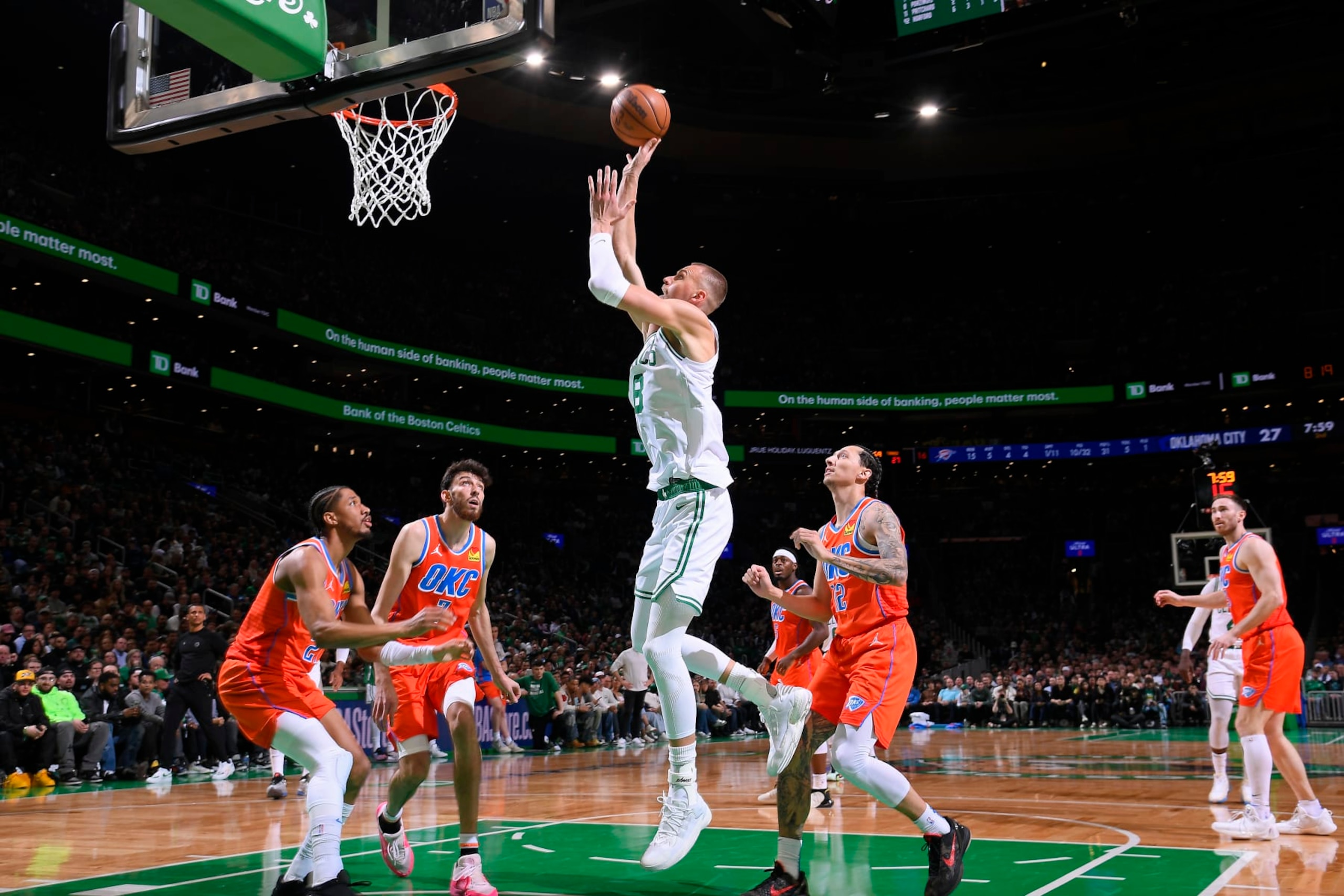 BOSTON, MA - APRIL 3: Kristaps Porzingis #8 of the Boston Celtics drives to the basket during the game against the Oklahoma City Thunder on April 3, 2024 at the TD Garden in Boston, Massachusetts. NOTE TO USER: User expressly acknowledges and agrees that, by downloading and or using this photograph, User is consenting to the terms and conditions of the Getty Images License Agreement. Mandatory Copyright Notice: Copyright 2024 NBAE  (Photo by Brian Babineau/NBAE via Getty Images)