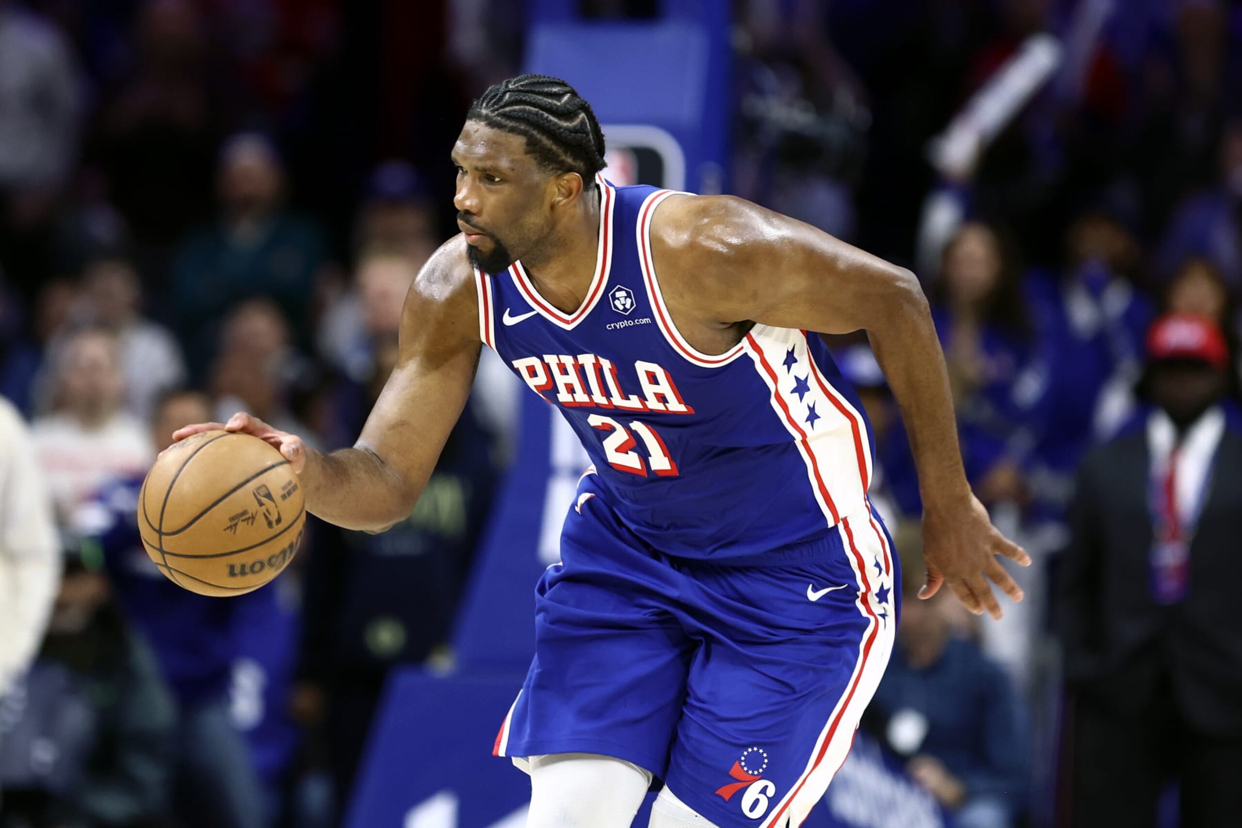 PHILADELPHIA, PENNSYLVANIA - APRIL 02: Joel Embiid #21 of the Philadelphia 76ers dribbles during the fourth quarter against the Oklahoma City Thunder at the Wells Fargo Center on April 02, 2024 in Philadelphia, Pennsylvania. NOTE TO USER: User expressly acknowledges and agrees that, by downloading and or using this photograph, User is consenting to the terms and conditions of the Getty Images License Agreement. (Photo by Tim Nwachukwu/Getty Images) PHILADELPHIA, PENNSYLVANIA - APRIL 02: Joel Embiid #21 of the Philadelphia 76ers dribbles during the fourth quarter against the Oklahoma City Thunder at the Wells Fargo Center on April 02, 2024 in Philadelphia, Pennsylvania. NOTE TO USER: User expressly acknowledges and agrees that, by downloading and or using this photograph, User is consenting to the terms and conditions of the Getty Images License Agreement. (Photo by Tim Nwachukwu/Getty Images)