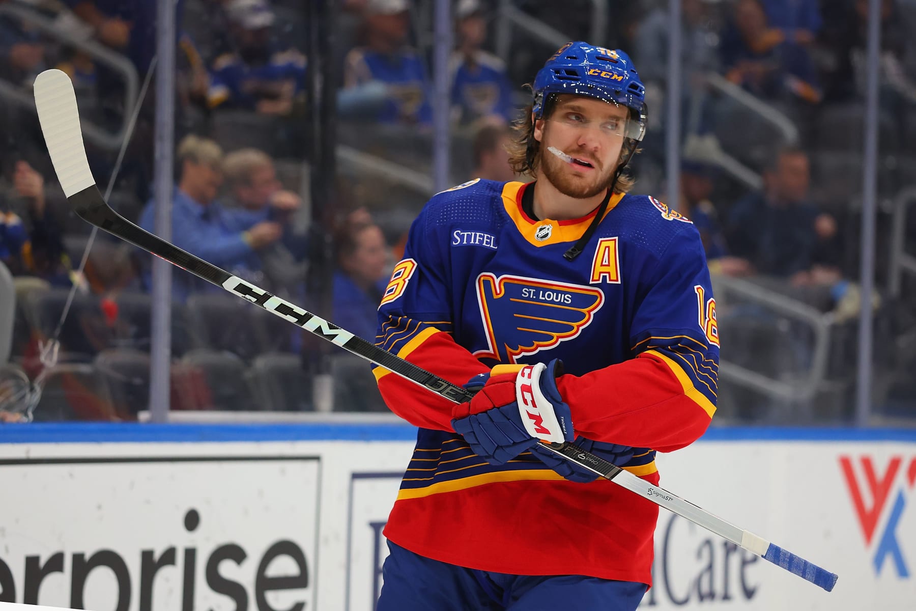 ST LOUIS, MISSOURI - MARCH 13: Robert Thomas #18 of the St. Louis Blues skates against the Los Angeles Kings at Enterprise Center on March 13, 2024 in St Louis, Missouri. (Photo by Dilip Vishwanat/Getty Images)