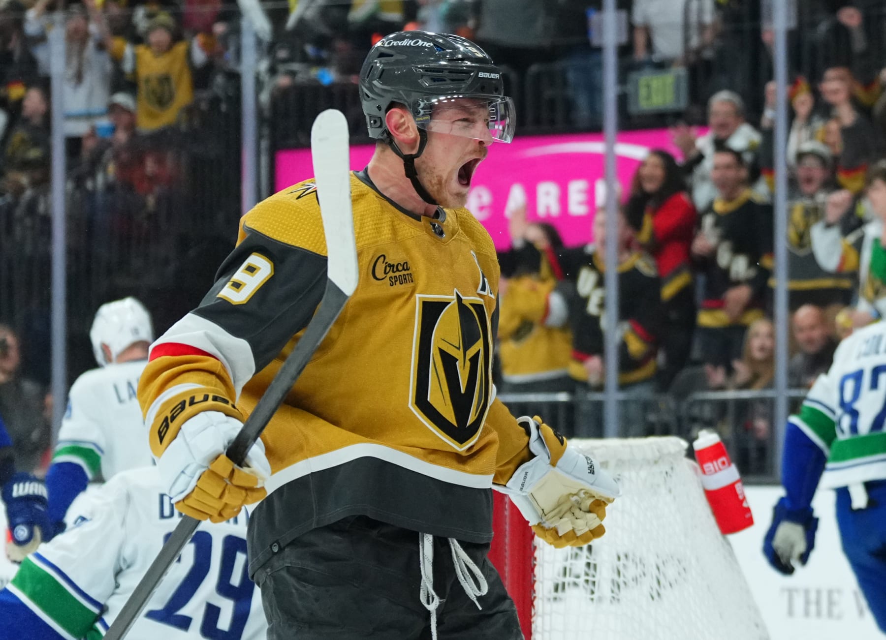 LAS VEGAS, NEVADA - APRIL 02: Jack Eichel #9 of the Vegas Golden Knights celebrates after a goal during the first period against the Vancouver Canucks at T-Mobile Arena on April 02, 2024 in Las Vegas, Nevada. (Photo by Jeff Bottari/NHLI via Getty Images)