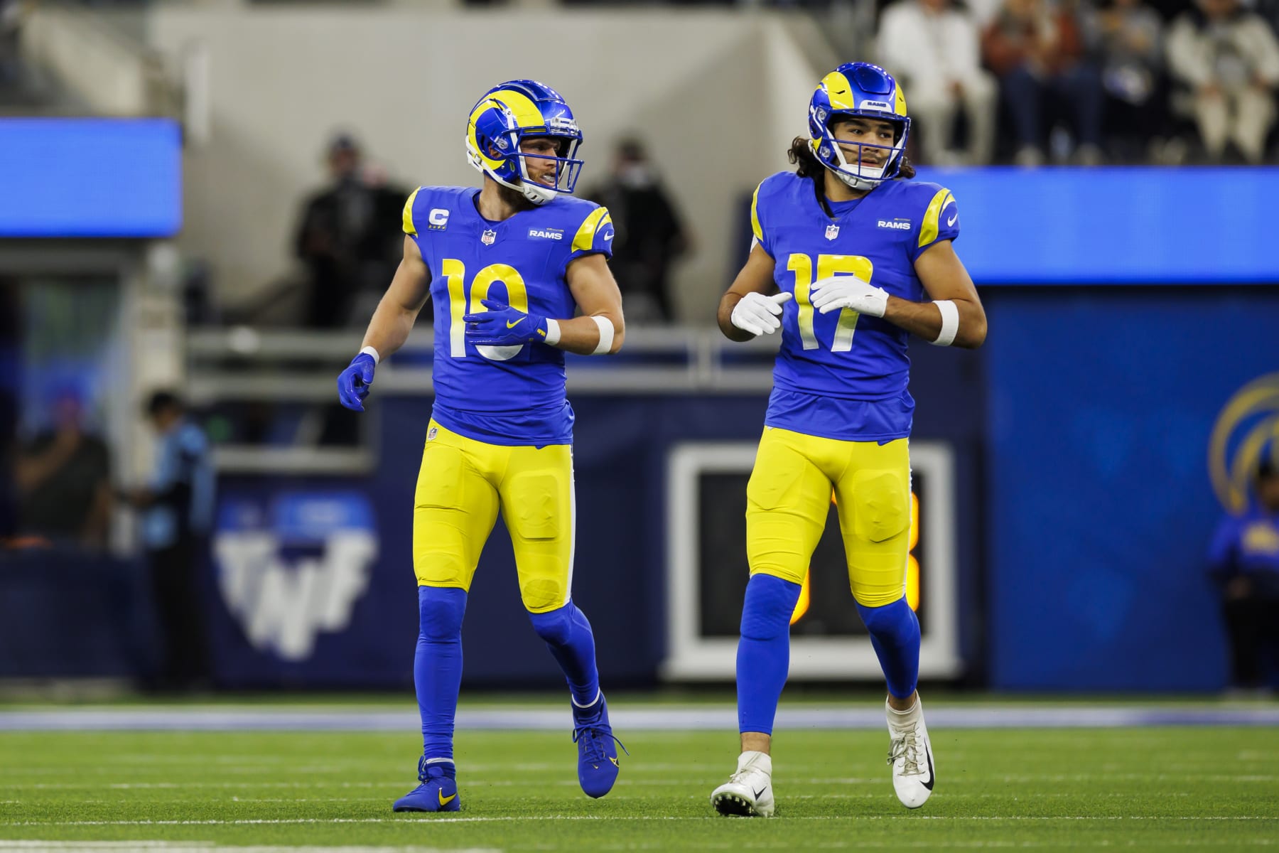 INGLEWOOD, CA - DECEMBER 21: Los Angeles Rams wide receiver Cooper Kupp (10) and wide receiver Puka Nacua (17) lines up to run a route during an NFL game against the New Orleans Saints at SoFi Stadium on December 21, 2023 in Inglewood, California. (Photo by Ryan Kang/Getty Images)