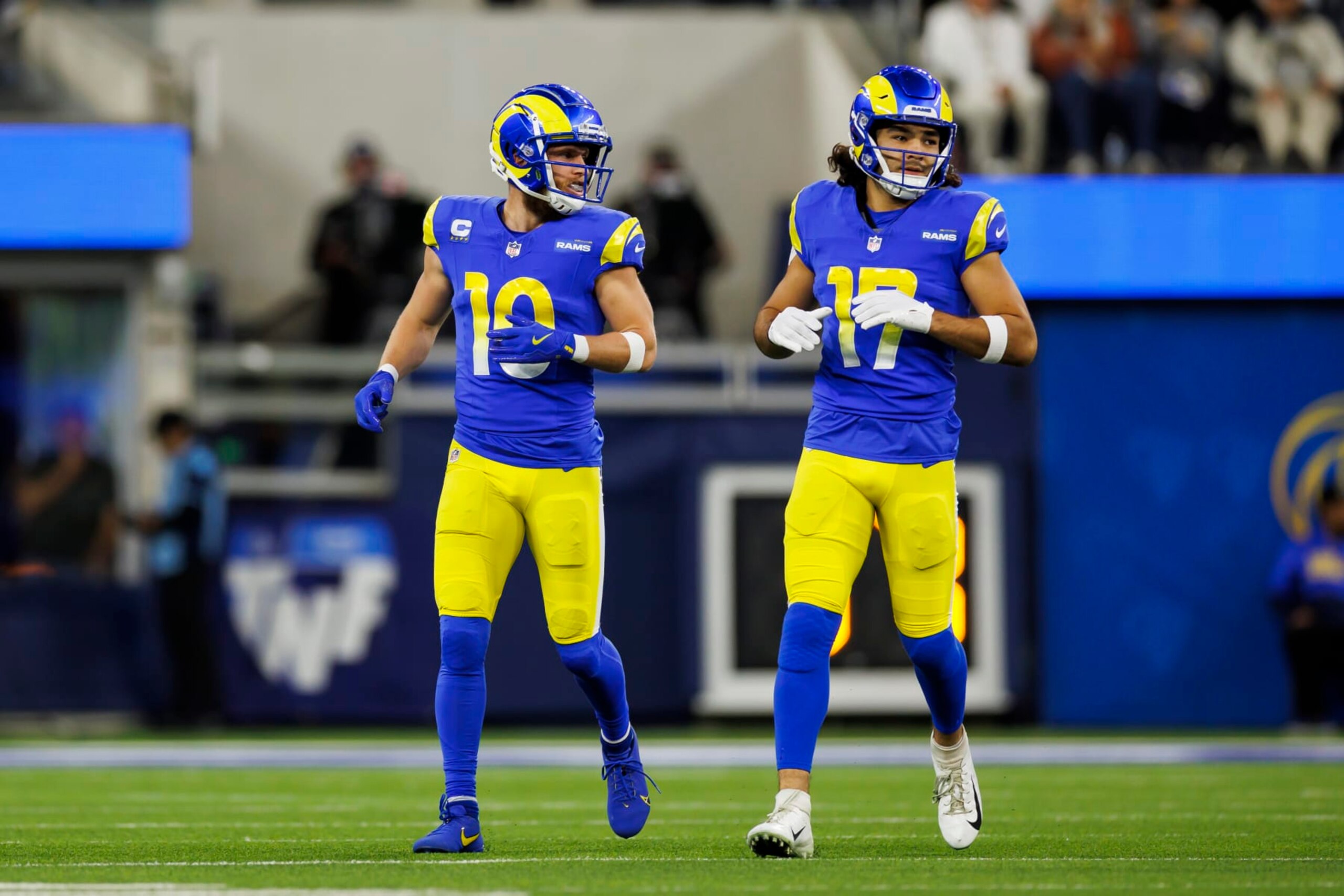 INGLEWOOD, CA - DECEMBER 21: Los Angeles Rams wide receiver Cooper Kupp (10) and wide receiver Puka Nacua (17) lines up to run a route during an NFL game against the New Orleans Saints at SoFi Stadium on December 21, 2023 in Inglewood, California. (Photo by Ryan Kang/Getty Images)