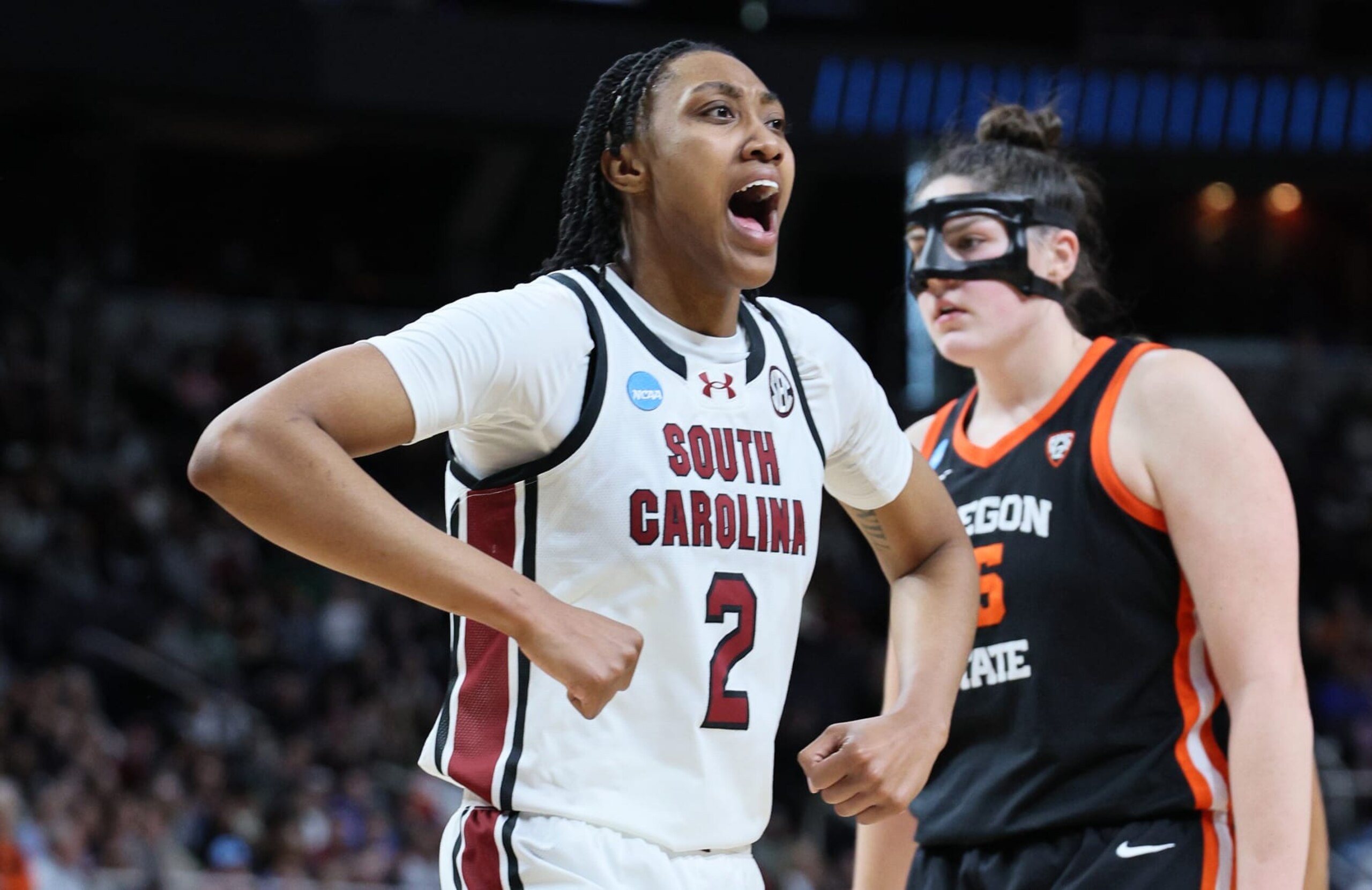ALBANY, NEW YORK - MARCH 31: Ashlyn Watkins #2 of the South Carolina Gamecocks reacts during the second half against the Oregon State Beavers in the Elite 8 round of the NCAA Women's Basketball Tournament at MVP Arena on March 31, 2024 in Albany, New York. (Photo by Andy Lyons/Getty Images)