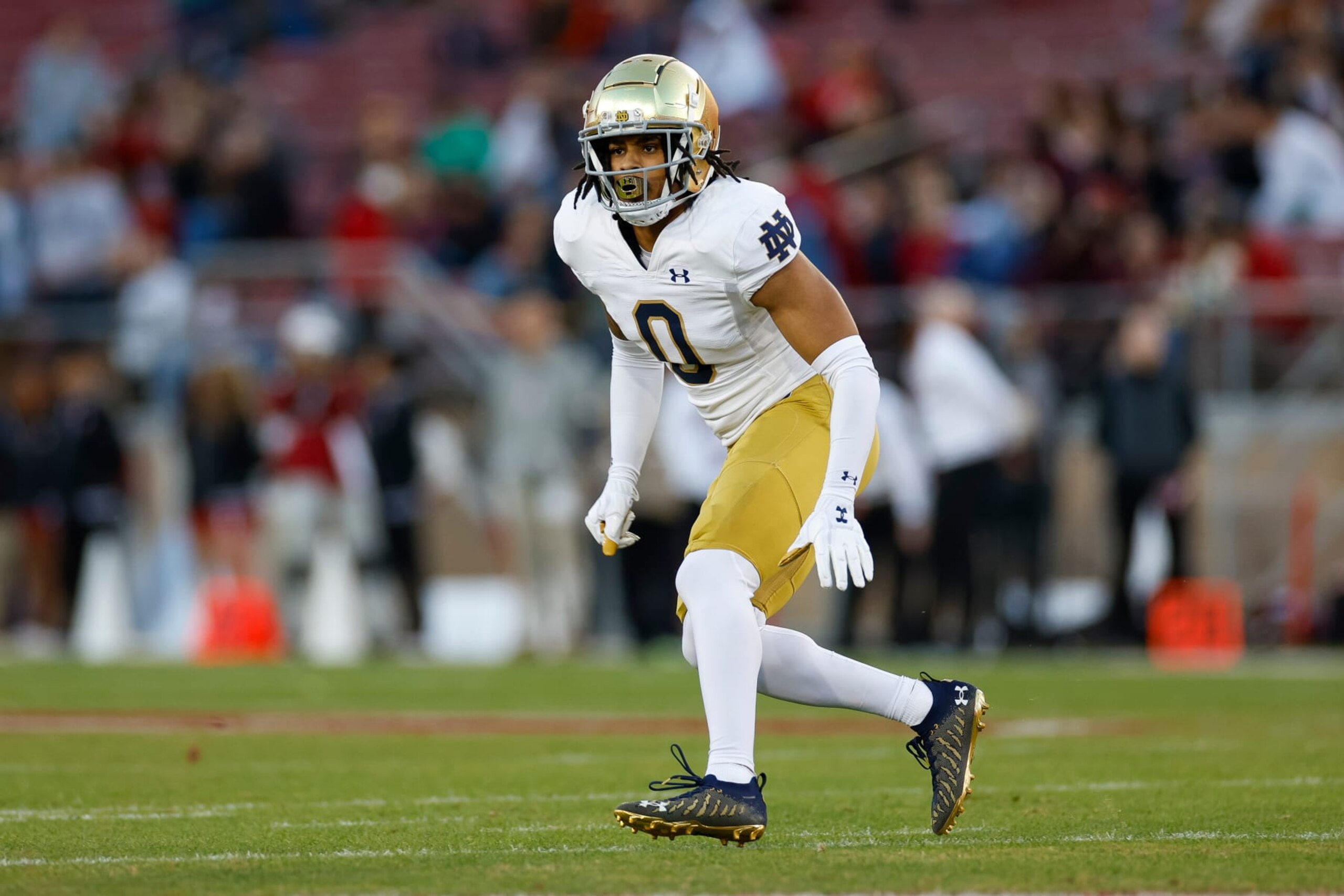 STANFORD, CALIFORNIA - NOVEMBER 25: Xavier Watts #0 of the Notre Dame Fighting Irish defends in coverage during a game against the Stanford Cardinal at Stanford Stadium on November 25, 2023 in Stanford, California. (Photo by Brandon Sloter/Image Of Sport/Getty Images)