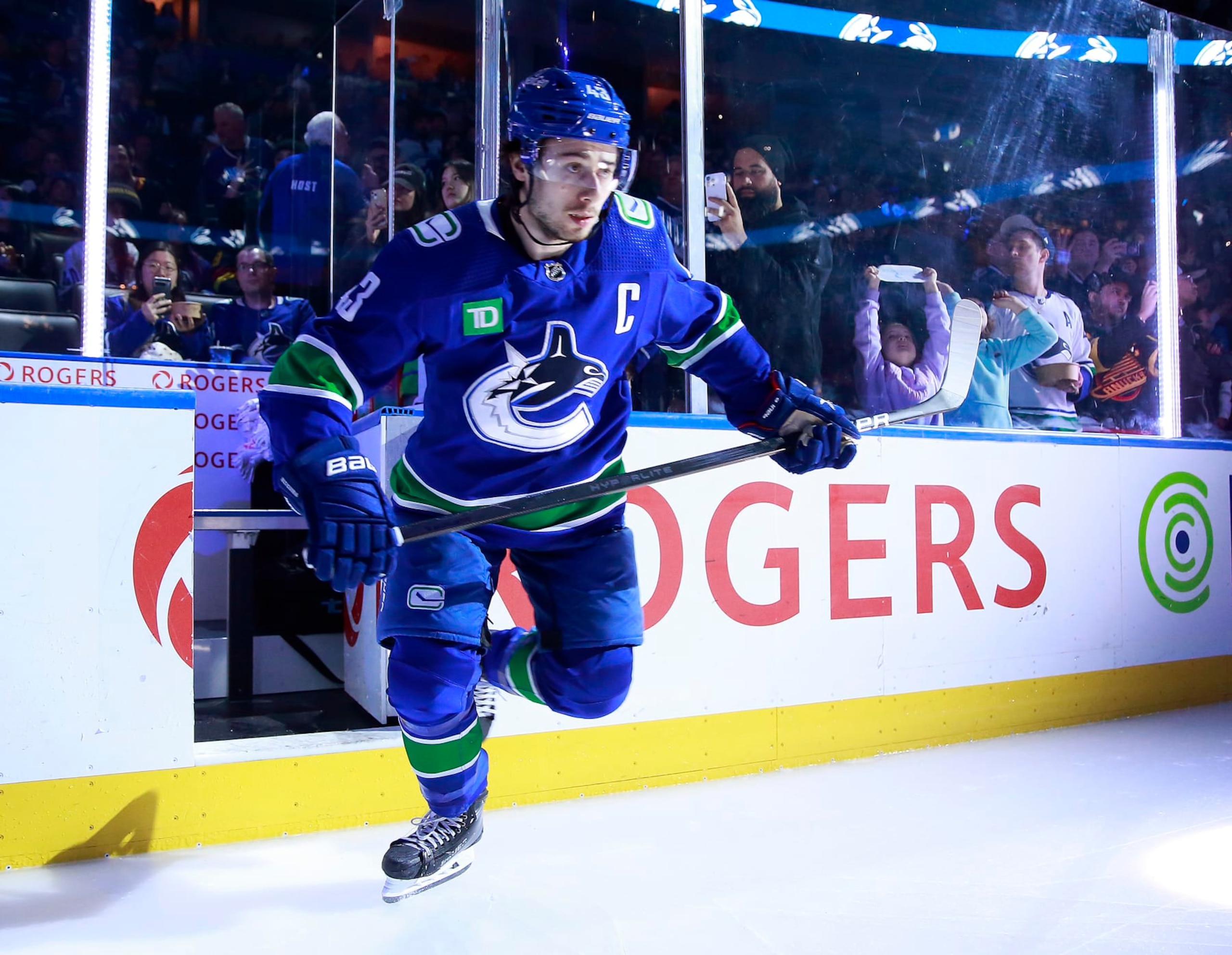 VANCOUVER, CANADA - MARCH 31: Quinn Hughes #43 of the Vancouver Canucks steps onto the ice during their NHL game against the Anaheim Ducks at Rogers Arena on March 31, 2024 in Vancouver, British Columbia, Canada. (Photo by Jeff Vinnick/NHLI via Getty Images) VANCOUVER, CANADA - MARCH 31: Quinn Hughes #43 of the Vancouver Canucks steps onto the ice during their NHL game against the Anaheim Ducks at Rogers Arena on March 31, 2024 in Vancouver, British Columbia, Canada. (Photo by Jeff Vinnick/NHLI via Getty Images)