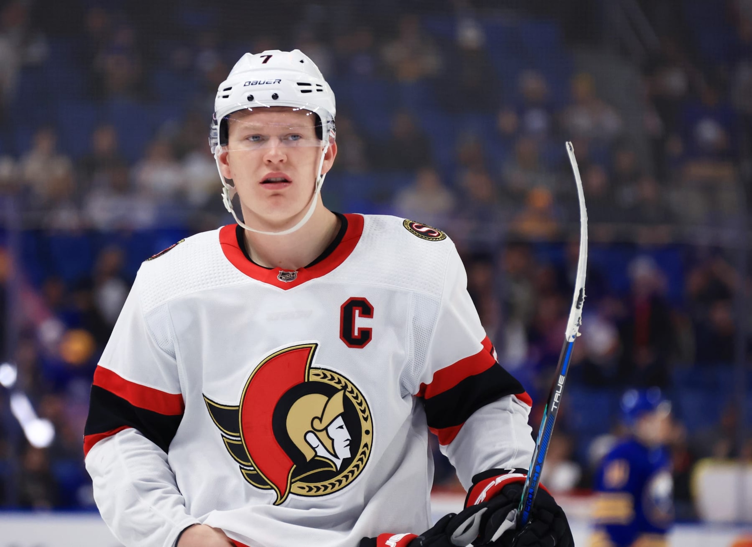 BUFFALO, NEW YORK - MARCH 27: Brady Tkachuk #7 of the Ottawa Senators prepares for a faceoff against the Buffalo Sabres during an NHL game on March 27, 2024 at KeyBank Center in Buffalo, New York. (Photo by Bill Wippert/NHLI via Getty Images) BUFFALO, NEW YORK - MARCH 27: Brady Tkachuk #7 of the Ottawa Senators prepares for a faceoff against the Buffalo Sabres during an NHL game on March 27, 2024 at KeyBank Center in Buffalo, New York. (Photo by Bill Wippert/NHLI via Getty Images)