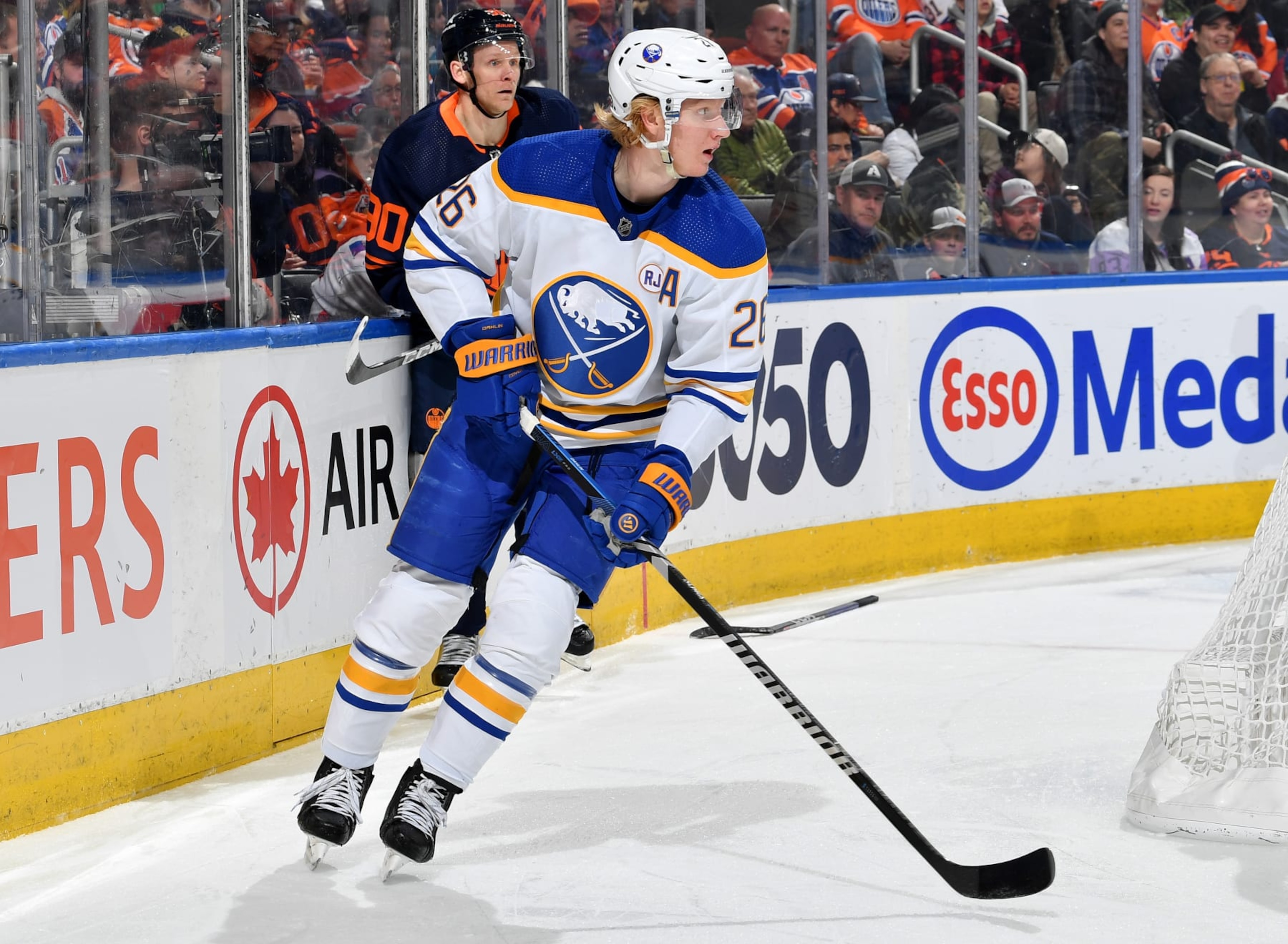 EDMONTON, CANADA - MARCH 21: Rasmus Dahlin #26 of the Buffalo Sabres in action during the game against the Edmonton Oilers at Rogers Place on March 21, 2024, in Edmonton, Alberta, Canada. (Photo by Andy Devlin/NHLI via Getty Images)