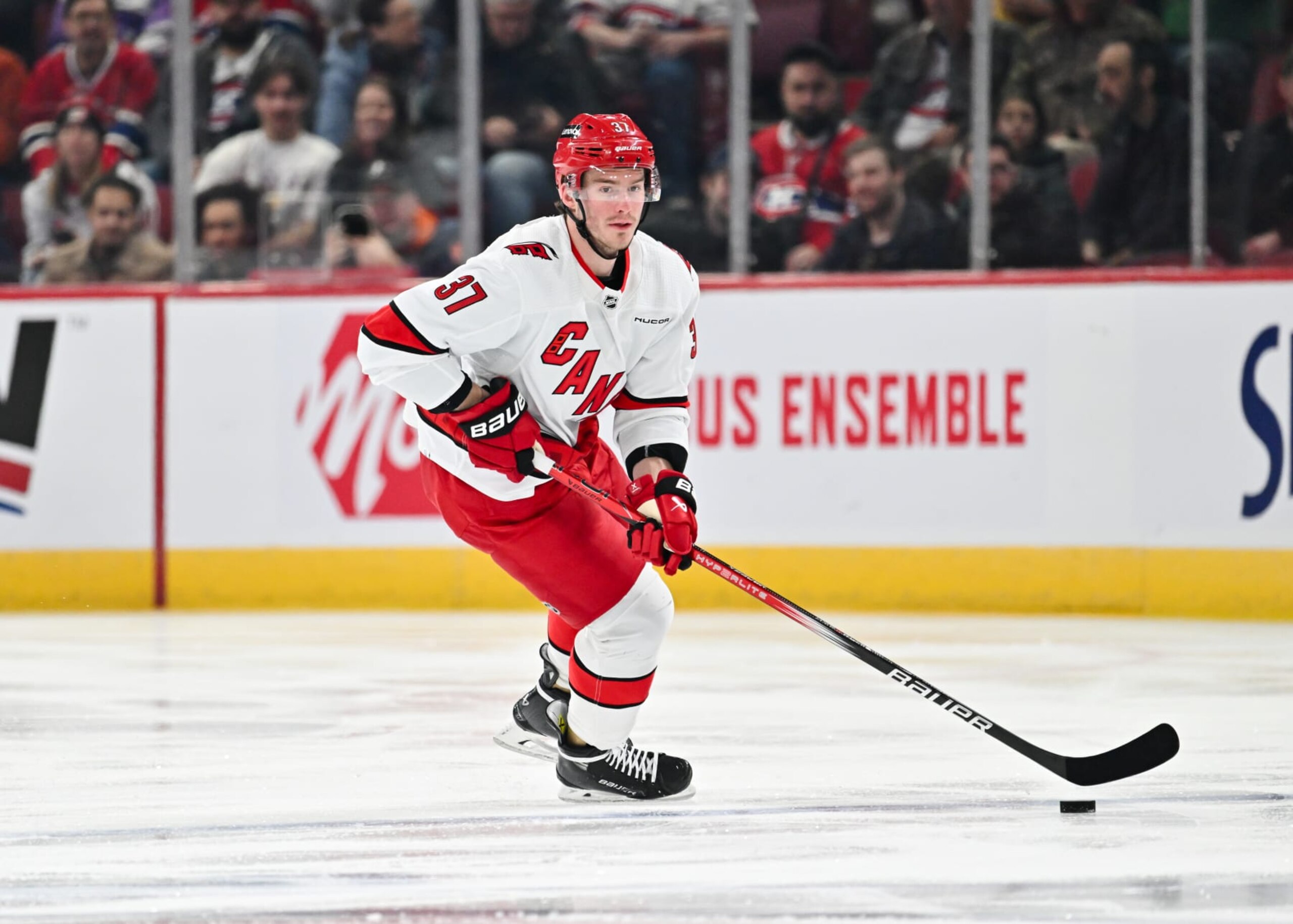 MONTREAL, CANADA - MARCH 30: Andrei Svechnikov #37 of the Carolina Hurricanes skates the puck during the first period against the Montreal Canadiens at the Bell Centre on March 30, 2024 in Montreal, Quebec, Canada. The Carolina Hurricanes defeated the Montreal Canadiens 3-0. (Photo by Minas Panagiotakis/Getty Images) MONTREAL, CANADA - MARCH 30: Andrei Svechnikov #37 of the Carolina Hurricanes skates the puck during the first period against the Montreal Canadiens at the Bell Centre on March 30, 2024 in Montreal, Quebec, Canada. The Carolina Hurricanes defeated the Montreal Canadiens 3-0. (Photo by Minas Panagiotakis/Getty Images)