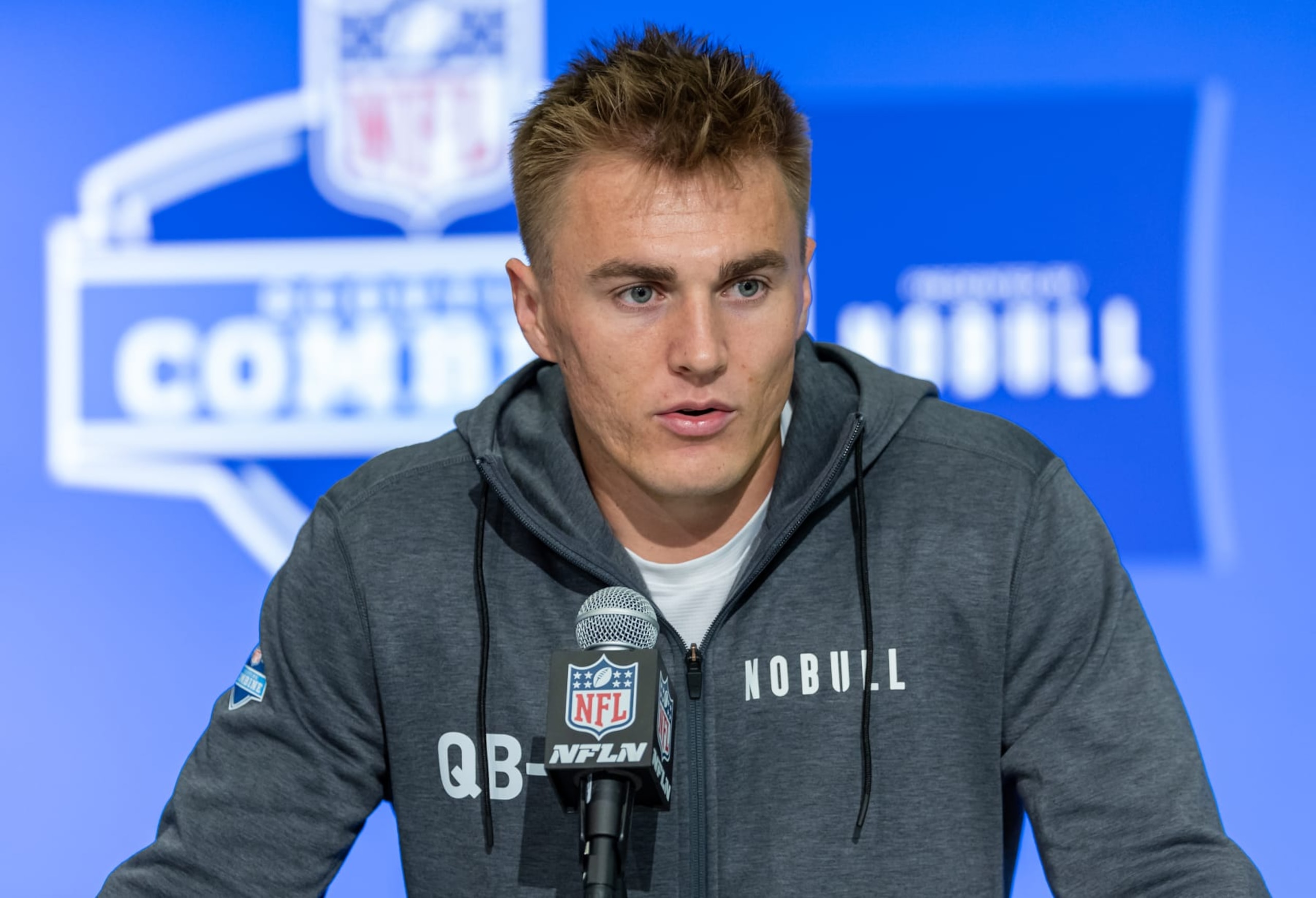 INDIANAPOLIS, INDIANA - MARCH 01: Bo Nix #QB07 of the Oregon Ducks speaks to the media during the 2024 NFL Draft Combine at Lucas Oil Stadium on March 01, 2024 in Indianapolis, Indiana. (Photo by Michael Hickey/Getty Images) INDIANAPOLIS, INDIANA - MARCH 01: Bo Nix #QB07 of the Oregon Ducks speaks to the media during the 2024 NFL Draft Combine at Lucas Oil Stadium on March 01, 2024 in Indianapolis, Indiana. (Photo by Michael Hickey/Getty Images)
